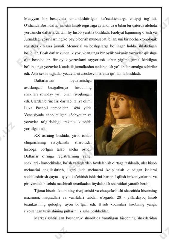 ini izlashga majbur etdi. kartochka - orderli shaklning negizida 1927 yilda birinchi marta savdo korxonalarida qo’llangan kartochkali - nusxa ko’chirish shakli («kopiruchyot») shakli yaratildi. bu shaklning negiziga tahliliy hisob kartochkalariga va sintetik hisob jurnallariga bir vaqtning o’zida nusxa ko’chirish yo’li bilan yozish tamoyili qo’yilgan edi. bu hisobning shaklida har bir jurnal, odatga ko’ra, bir necha turdosh schyotlar bo’yicha yozuvlarni o’z ichiga olar edi. masalan, barcha hisob - kitoblar schyotlari bo’yicha yozuvlarni birlashtiruvchi jarnallar yuritilar edi. hech qanday orderlar tuzilmas va barcha yozuvlar bevosita hujjatlarning o’zidan amalga oshirilar edi. bu bilan hisob ma’lumotlarining hujjatlardagiga to’g’ri kelishiga erishilar edi. korrespondentsiyalantiruvchi schyotlarning raqamlari hujjatlarga maxsus muhr bilan qo’yilar edi. bosh daftar kundalik nazorat vedomosti bilan almashtirilib, u har bir schyotining ichida u bilan korrespondentsiyalanuvchi schyotlar bo’yicha yozuvlarni guruhlashni ta’minlar edi. nazorat vedomostidagi yozuvlar har kunning oxirida jurnallardagi yozuvlar bilan solishtirib tekshirilar, bu esa o’z navbatida hisobotlarni tuzishni tezlashtirar, xatolarni topishga sarflanadigan vaqtni qisqartirar …