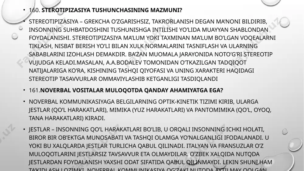 t hissini qondirish bilan bog’liq madaniyat predmetlariga nisbatan ehtiyoj sezish moddiy ehtiyojlar majmuasini yuzaga keltiradi. ma'naviy ehtiyojlar moddiy ehtiyojlar bilan uzviy bog’liq bo’lib vujudga kelgan ma'naviy ehtiyojlarni qondirish jarayoni moddiy ehtiyojlarning tarkibiga kiruvchi moddiy narsalar yordamida amalga oshiriladi, chunonchi kitob, yozuv qog’ozi va boshqalar153. shaxsning malaka va odatlari har bir odam bilim bilan birga malaka va odatlarni egallaydi. malakalar bir necha xil bo’ladi (yozish, o’qish, yurish, musiqa chalish, sport va hokazo). maqsadni ko’zlab biror nima bajarish malakaga bog’liqdir. malaka – deb avval ongli bajarilib, keyinchalik avtomatlashgan xatti-harakatlarga aytiladi. istalgan malakani qayta-qayta takrorlash natijasida hosil qilish mumkin. malakalar sodda va murakkab bo’lishi mumkin. masalan, mashina haydash, musiqa chalish, kasb egallash murakkab malaka, mix qoqish, o’tin arralash-sodda malaka hisoblanadi. malakalarni mashq qilish natijasida egallanadi. shaxsda malakadan tashqari odatlar ham bo’ladi. odat kishi qalbiga o’rnashib, uning ehtiyojiga aylanib qolgan har.akatlardir. odatlar salbiy va ijobiy bo‘ladi. 164.endopsixika va ekzopsixika haqida tushuncha? hozirgi zamon jahon …
