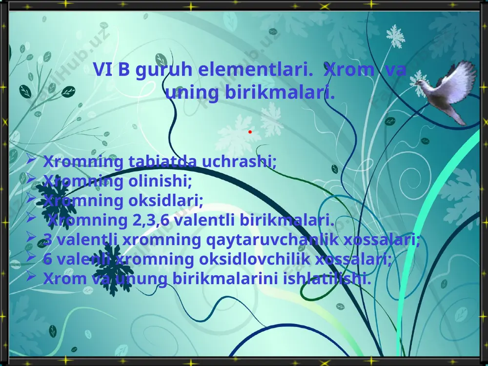 a xrom tuzlaridan pishiq xromli terilar olishda ishlatiladi. cr3+ birikmalari barqaror. ishqoriy muhitda cr3+ ----- cr6+ cr3+ – yashil va ko’k binafsha cr6+ – sariq (xromatlar) cr6+– jigarrang (bixromat) cro – qora kukun cr(oh)2 – sariq rangli crcl2 – rangsiz kristall suvda eriydi. cr2o3 – xromli oxra, yashil rangli kukun t=19000c * tajriba. (nh4)2cr2o7 = cr2o3 + 4h2o + n2 uglerod bilan qaytarish: 3c + (nh4)2cr2o7 = 3co + na2o + cr2o3 s qaytarish: s + k2cr2o7 = k2so4 + cr2o3 temperatura ta’sirida parchalanish: 2cr(oh)3 = 3h2o + cr2o3 (nh4)2cr2o7 = n2 + 4h2o + cr2o3 xrom (iii) – oksidini soda yoki ishqorlar bilan suyuqlantirish natijasida meta- va ortoxromatlar hosil bo’ladi. crcl3 + 3naoh = cr(oh)3 + 3nacl cr(oh)3 + 3hcl =crcl3 + 3h2o cr(oh)3 + 3naoh = na3cr(oh)6 hcro2 – metoxromitlar h3cro3 – ortoxromitlar cr2o3+ 2naoh = 2nacro2 + h2o cr2o3+ 6naoh = 2na3cro3 + 3h2o xrom (iii) gidroksidi …