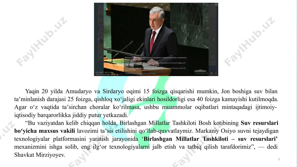 klida yetkazib berishdir. yomg‘irlatib sug‘orishning avzalliklari: - sug‘orish meyorini kamaytirish yoki ko‘paytirish orqali tuproqning namiqish chuqurligini o‘zgartirish; - havoning yer usti qatlamining nisbiy namligini oshirish va- haroratini pasaytirish, ekinlarni sovuq urmasligini ta’minlashi; suvni dala bo‘ylab tekis taqsimlanishi va uning relyefiga talab qo‘yilmasligi; sug‘orish egatlari va o‘q ariqlarni qurishga xojat yo‘qligi; sug‘orish suvi bilan mineral o‘g‘itlarni berish mumkinligi; suv tejamkor usulligi; yefk ning yuqori bo‘lishi. tuproq ichidan sug‘orish tuproq ichidan sug‘orishda suv 40-60 sm chuqurlikda joylashtirilgan namiqtiruvchi quvurlar tizimi orqali o‘simlik ildizi joylashgan qatlamga yetkaziladi va tuproq kapillyarlari hisobiga namlantiriladi. tuproq ichidan sug‘orishning avzalliklari: sug‘orish meyorining 15-40% ga kamligi; suvni bug‘lanishga isrof bo‘lishini keskin pasayishi (0,98- 0,99); begona o‘tlarning chiqmasligi; -ochiq sug‘orish tarmoqlarining yo‘qligi, yefk ning yuqoriligi; -sug‘orish suvi bilan mineral o‘g‘itlarni berish mumkinligi; -tuproqning zichlashmasligi, qator orasiga ishlov berilmasligi; hosildorlikning 20-40% gacha oshishi va b. sug‘orish usullari sug‘orish usullari tomchilatib sug‘orish tomchilatib sug‘orish – maxsus filtrlar yordamida tomchi shaklida tozalangan …