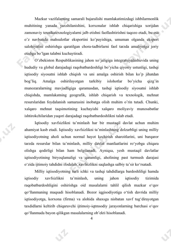 ‘arbiy yevropa halslari leksikonida xvii asrgacha qo‘llangan. tarixning keyingi davrlarida davlat tuzilmalarining shakllanishi bilan bog‘liq ravishda “xavfsizlik" tushunchasi moddiy, siyosiy va iqtisodiy sohalarda davlat kurilishi, boshqarish organlari tendensiyalariga mos keladigan real xavf-xatar (jismoniy va ma’naviy)ning yo‘qligi natijasida vujudga keladigan tinchlik holati ma’nosini anglatgan. kurs ishining ob’ekti va predmeti: o‘zbekistonning dunyoning rivojlangan davlatlari bilan iqtisodiy hamkorligi, kurs ishining predmeti sifatida esa o‘zbekistonning dunyoning rivojlangan davlatlari bilan iqtisodiy hamkorligidagi yutuq va muammolar o‘rganiladi. kurs ishining maqsadi va vazifalari: o‘zbekistonning dunyoning rivojlangan davlatlari bilan iqtisodiy hamkorligini ilmiy tahlil qilish hisoblanadi. ushbu maqsaddan kelib chiqib quyidagi vazifalar belgilandi: · jahon iqtisodiy tizimida milliy iqtisodiyotning tutgan o‘rni nazariy jihatdan asoslash · tashqi iqtisodiy faoliyat va milliy manfaatlarga tahdidlarini muhokama qilish · o‘zbekiston tashqi iqtisodiy aloqalar geografiyasini ilmiy o‘rganish · o‘zbekistonning yevropa mamlakatlari va xalqaro tashkilotlar bilan o‘zaro manfaatli hamkorligini tahlil qilish · o‘zbekistonning rivojlangan osiyo mamlakatlari bilan iqtisodiy hamkorligini tahlil qilish kurs ishining hajmi va …