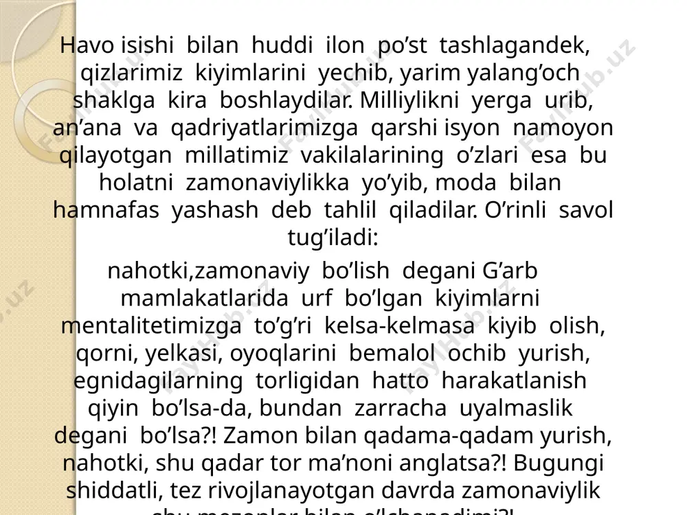 deb nomlanishi ham buning yaqqol ifodasi bo’la oladi. zulfiya nomidagi davlat mukofotining ta’sis etilishi adabiyot, fan, ta’lim, madaniyat va san’at sohalarida izlanayotgan, faol, fidoyi, tashabbuskor va iqtidorli qizlarni kashf etishda muhim ana shunday yuksak e’tibor tufayli prezidentimizning 1999 yil 10 iyunda qabul qilingan farmoni asosida mamlakatimizda ahamiyat kasb etmoqda. o‘tgan davrda o‘zining a’lo bilimi va xulqi, adabiyot va san’at sohasidagi iste’dodini namoyon qilib kelayotgan yuz nafardan ziyod iqtidorli qiz ushbu mukofotga sazovor bo‘ldi asrlar davomida xalqimiz, millatimiz qadrlab kelgan odatlarga qarshi chiqib, yevropaning bema’ni modasi ketidan quvayotgani, bu orqali o’zining va shu bilan birga millatining saviyasiga yomon ta’sir ko’rsatayotganlariga aqli yetmagan “xurliqolarimiz, shubxasiz, og`izlarini to’ldirib saqich chaynash, yigitlar bilan tengma-teng gap talashish, erkakcha so’kinishdan ham tap tortmaslik, uyat-hayodan yiroq bo’lgan mavzularda suhbatlashish, o’ta xunuk xatti-harakarlari o’zlarini qay darajadagi tubanlikka tushirib qo’yayotganini ham anglay olmaydilar. rеspublikamizda har yili o`tkazib kеlinayotgan "yil ayoli" milliy tanlovi ana shunday yuksak qadriyatlarimizni yanada kеng targ`ib …