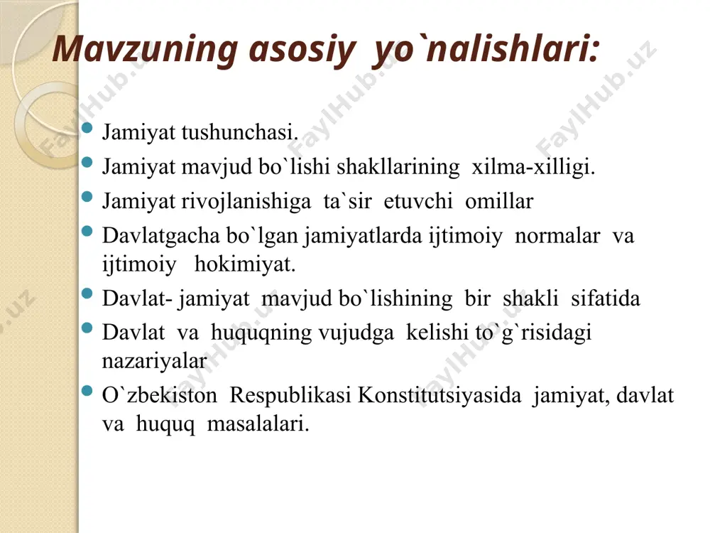 ida tabiatni. unda kechadigan jarayonlarni, aholining qaysi hududda yoki iqlim sharoitida yashashini ko`rsatib o`tish mumkin. ilk jamiyatlar va svilizatsiyalar yirik suv havzalari bo`yida yuzaga kelgan,shuningdek dehqonchilik va chorvachilikning rivojlanishi ham aynan hududiy va iqlim omili bilan bevosita bog`liq. jamiyat rivojlanishiga ta`sir qiluvchi subyektiv omillar subyektiv omillar sifatida xalq , ijtimoiy guruhlar va tarixiy shaxslarning ongli faoliyatini ko`rsatib o`tish mumkin. muayyan bir siyosiy partiya va kuchlarning hokimiyat tepasiga kelishi mamlakatning ijtimoiy -iqtisodiy va siyosiy jihatdan rivojlanishiga yoki tanazzulga uchrashiga sabab bo`ladi. masalan, fashistlarning germaniyada hokimiyat tepasiga kelishi nafaqat ushbu mamlakat, balki dunyo hamjamiyati uchun ham juda katta talofatlarni keltirib chiqardi. aksincha, progressiv kuchlarning hokimiyat tepasiga kelishi jamiyatning rivojlanishida muhim omil bo`lib xizmat qiladi. jamiyat shakllanishining dastlabki davrida amalda bo`lgan itimoiy normalar quyidagilar bilan tavsiflanadi. 1. mazmunan sodda va murakkab bo`lmagan ijtimoiy munosabatlarni tartibga solgan . masalan, urug`doshlar ichida kimga olovni uzatish vazifasining yuklatilishi masalasi yoki ov natijasida qo`lga kiritilgan o`ljani qanday …