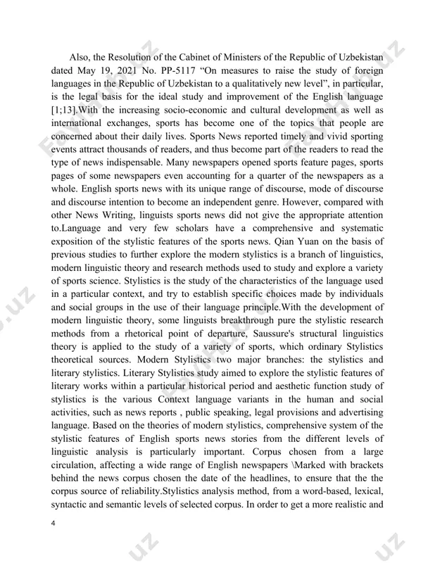 ource of reliability.stylistics analysis method, from a word-based, lexical, syntactic and semantic levels of selected corpus. in order to get a more realistic and objective results, scientific analysis of qualitative and quantitative methods. the qualitative analysis methods used to interpret those confusing words, such as sports jargon, and new coinage. in order to analyze the results of objective, credible, using quantitative research methods and statistical analysis of the corpus collection and specific issues. data results through the research methods of analysis, it can be concluded: sports news word lines, vocabulary, syntax and semantic level has its own unique and prominent stylistic features. sports news from the perspective of the word lines, usually using a variety of visual aids to impart information and improve the reader's interest, such as photos of sports stars and the news headlines in a different font and typesetting[ 2;124]. the aim of the work newspaper style …
