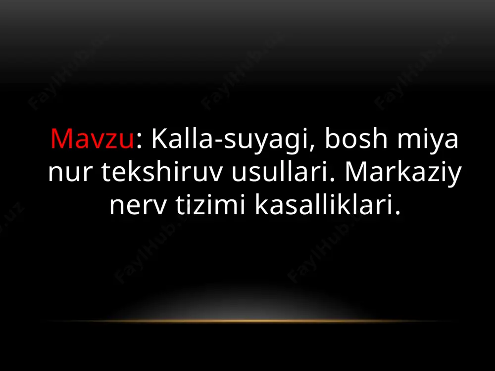 miya yoki uning membranalari; anevrizma; granuloma, xo'ppoz va miyaning boshqa yallig'lanish patologiyalari. angiografiya (ag) angiografiya (karotid, selektiv) bilan bajariladi miya tomirlarini vizualizatsiya qilish maqsadi,ularning topografik va anatomik tavsiflari haqida ma’lumot beradi. bosh miya kasaliklari tug’ma gidrosefaliya; ensefalopatiya; anensefaliya; bosh miyaning tug’ma nuqsonlari (o’smalar, yetishmovchiliklar va h.k); orttirilgan spesifik va nospesifik yallig’lanishlar; shikastlardan keyin yuzaga keluvchi kasalliklar; meningit: sil miningiti va infeksion miningit; insult: ishemik insult va gemorrogik insult; altsgeymer sindromi; moyamoya kasalligi; shikastlar: ochiq va yopiq; bosh miyaga qon ketishi; bosh miyaning nevrologik kasalliklari; o’smalar va boshqa turli kasalliklar kiradi gidrosefaliya– bu kasallik bosh miyaning suv havzalari sistemasiga oriqcha miqdorda miyaning serebral suyuqligi yig’ilishi bilan xarakterlanadi. suyuqlikning yig’ilish joyidan (bosh miya suv havzalari) qon tomirlar tizimiga so’rilish joyiga yerib borishi qiyinlashishi natijasida okklyuzion gidrosefaliya, yoki so’rilishi qiyinlashishi natijasida arezorbtiv gidrosefaliya rivojlanadi ensefalopatiya – bosh miyaning yallig’lanishlarsiz yuzaga keladigan kasalliklarining umumiy nomi (ensefalitdan tashqari) hisoblanadi. ensefalopatiya tug’ma va orttirilgan bo’lishi mumkin. …