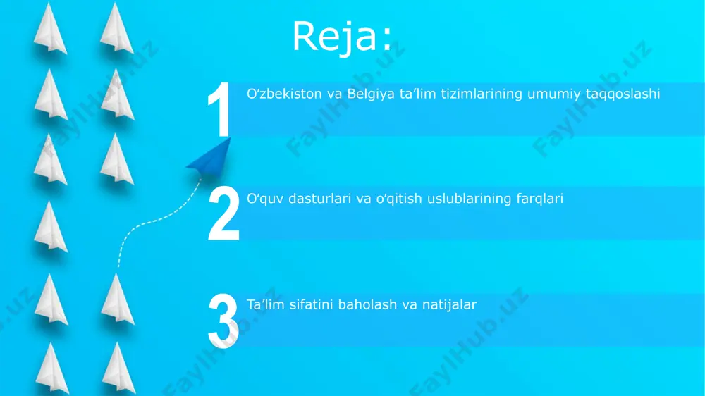 hisobidan, belgiyada esa 50% ga yaqini mintaqaviy va mahalliy hokimiyatlar tomonidan moliyalashtiriladi. toshkent va andijon kabi yirik shaharlardagi maktablarga nisbatan, qishloq joylardagi maktablarning moliyalashtirilishi oʻzbekistonda kamroq boʻlsa, belgiyaning flaman viloyatida esa ta’lim muassasalarining joylashuvi moliyalashtirish hajmini sezilarli darajada ta’sir qilmaydi. ta'lim tizimlarining taqqoslash va xulosalar start antverpen universiteti kabi belgiyaning nufuzli oliygohlari xalqaro reytinglarda uzbekistondagi oliy o'quv yurtlaridan ancha yuqori o'rinlarni egallaydi. belgiya ta'lim tizimi, 12 yillik majburiy ta'lim bilan, uzbekistondagi 11 yillik tizimdan farqli o'laroq, yuqori darajada ixtisoslashgan kasb-hunar ta'limi muassasalariga ega. maktabgacha ta'lim maktabgacha ta'lim muassasalari soni o'zbekiston bo'ylab 2022 yilda 10 000 dan oshdi, toshkent shahrida esa eng yuqori zichlik kuzatildi. davlat maktabgacha ta'lim muassasalarida o'quv dasturlari yoshga mos ravishda 5 ta asosiy yo'nalish bo'yicha tuzilgan bo'lib, badiiy-estetik tarbiya alohida e'tiborga olinadi. baholash va sifat nazorati baholash va sifat nazorati tizimi o‘zbekistonda 12 yillik majburiy ta’limni o‘z ichiga olib, milliy standartlarga muvofiq 5 ball shkalasi bo‘yicha baholanadi …