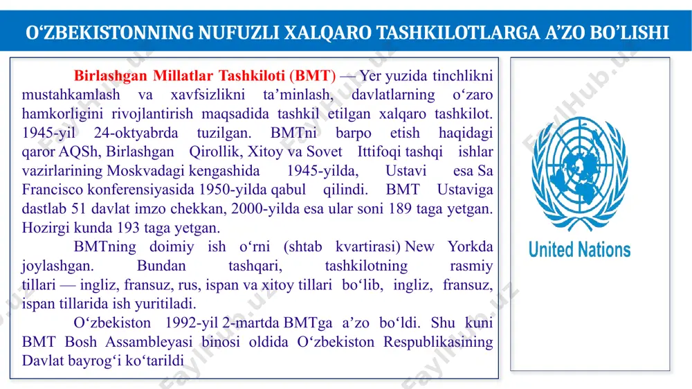 nutq so‘zladi. (20.09.2020) pandemiyalar davrida davlatlarning ixtiyoriy majburiyatlari to‘g‘risidagi xalqaro kodeksni ishlab chiqishni taklif etdi. mintaqadagi muammolarga e’tibor qaratish kerakligini ta’kidlab, mamlakat afg‘onistonni markaziy osiyoning ajralmas qismi sifatida qabul qilishini ta’kidladi. orol halokatiga yana bir bor e’tiboringizni qaratmoqchiman, afg‘onistonda tinchlikka erishishning yagona yo‘lini yaratish, bmt bosh assambleya sining "ma’rifat va diniy bag‘rikenglik" deb nomlangan maxsus rezolutsiyasini qabul qilish taklifi bilan murojaat qilmoqchiman. 6 o’zbekistonning bmt qoshidagi xalqaro tashkilotlarga a’zoligi birlashgan millatlar tashkilotining ko'ngilli dasturi (bmtkd). bmtning ko'ngillilar dasturi (bmtkd) butun dunyo bo'ylab ixtiyoriy faoliyat orqali tinchlik va taraqqiyotni ta'minlashga yordam beradigan tashkilotidir. birlashgan millatlar tashkilotining giyohvand moddalar va jinoyatchilik bo'yicha boshqarmasi. bmt unp giyohvand moddalar kontrabandasi va transmilliy uyushgan jinoyatchilikka qarshi kurashda dunyodagi etakchi hisoblanadi. bmt bolalar jamg'armasi. o'zbekistonda 1994 yildan buyon taqdim etilgan. unicef mamlakatning eng yosh fuqarolarini parvarish qilish, qo'llab-quvvatlash va g'amxo'rlik bilan ta'minlangan jamiyatda o'sib-ulg'ayish imkoniyatini ta'minlash maqsadida ish olib bormoqda. bmt aholishunoslik jamg'armasi. unfpa 1993-yilda o'zbekistonda …