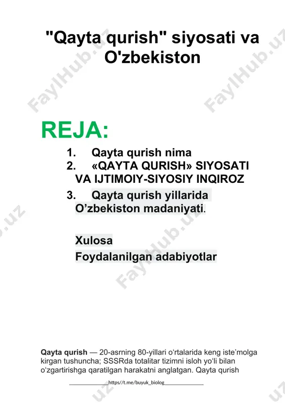 kelib sovet mustabid siyosiy tizimi, xo’jalik yuritish usuli o’zining rivojlanish imkoniyatlarini batamom tugatdi. sobiq mamlakat siyosiy rahbariyati mamlakatning ijtimoiy-siyosiy, iqtisodiy sohalarida bir necha marta tub islohotlar, o’zgarishlar qilishga urinib ko’rdi. ammo bunday harakatlarning barisi zoye ketdi, ko’zlangan maqsadga erishilmadi. bunday holat, ayniqsa, mamlakat xalq xo’jaligiga zamonaviy ilmiy-texnika yutuqlarini joriy etish, jamiyatni demokratlashtirish, inson huquqlarini himoya qilish, mamlakatning xalqaro nufuzini oshirish masalalariga ko’proq daxldor bo’ldi. jamiyat ijtimoiy-siyosiy hayotida tub o’zgarishlar bo’lishiga umidning so’nishi 80-yillarning boshlarida ayniqsa kuchaydi. buning oqibatida, bir tomondan, ma'muriy-siyosiy biqiqlik kuchaygan bo’lsa, boshqa tomondan, jamiyat a'zolari mehnat intizomining pa-sayishi, ijtimoiy loqaydlik, befarqlik kuchayib bordi. o’zbekiston iqtisodiyoti katta xom ashyo, iqtisodiy zaxi-ralarga ega bo’lishiga qaramasdan g’arb mamlakatlaridan juda tez ortda qola boshladi. ishlab chiqarish sama-radorligi pasaydi, kishilarda jamiyatda sodir bo’layotgan ijtimoiy voqea va hodisalarga qiziqish kamaydi, yangi texnika hamda texnologiyalarni o’zlashtirish juda sust olib borildi. jahonning rivojlangan va demokratik tarkib topgan mamlakatlaridagi ijobiy o’zgarishlar, demokratiya va inson huquqlarini himoya …