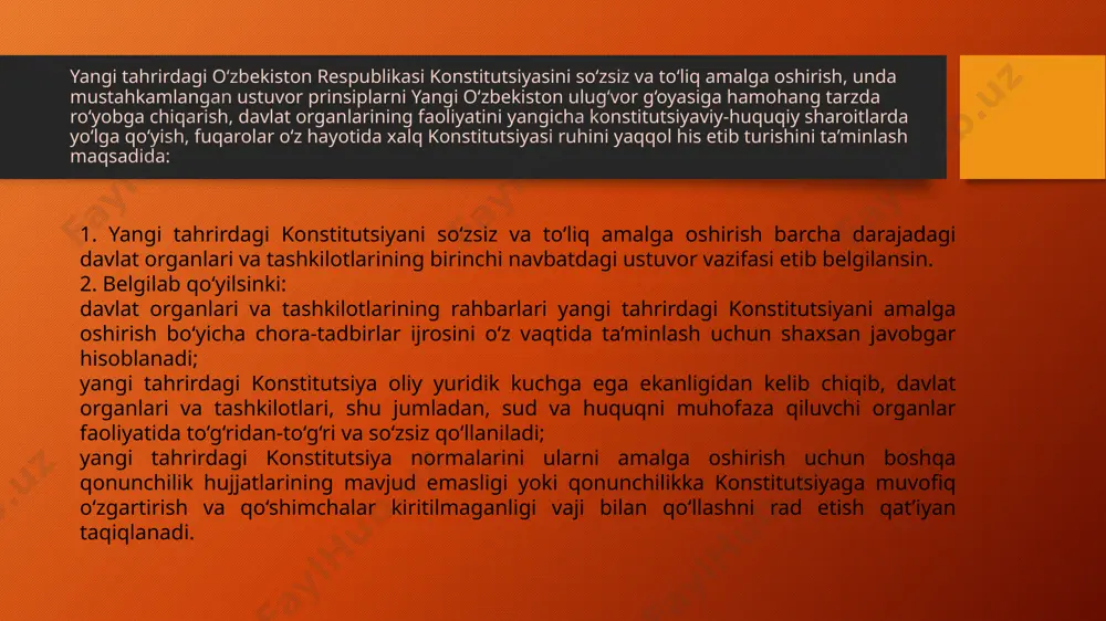 llanishi holatini monitoring qilib borish; yangi tahrirdagi konstitutsiya asosida yangi o‘quv dasturlari, darsliklar va boshqa qo‘llanmalarni tayyorlash bo‘yicha ilmiy-metodik chora-tadbirlarni muvofiqlashtirish. 8. oliy majlis palatalari va siyosiy partiyalarning oliy majlis qonunchilik palatasi va mahalliy kengashlar deputatlari korpusini shakllantirishning majoritar-proporsional shakliga asoslangan saylov tizimini joriy etish haqidagi takliflari ma’qullansin. oliy majlis qonunchilik palatasiga bir oy muddatda majoritar-proporsional shaklga asoslangan saylov tizimiga o‘tishni nazarda tutuvchi qonun loyihasini ishlab chiqish tavsiya etilsin. 9. yangi tahrirdagi konstitutsiyaning 32-moddasida belgilangan mamlakat bo‘ylab erkin harakatlanish, turar va yashash joyini tanlash huquqi to‘liq ro‘yobga chiqarilishini ta’minlash maqsadida: vazirlar mahkamasi (a. aripov) ikki oy muddatda “toshkent shahri va toshkent viloyatida doimiy yashash joyi bo‘yicha ro‘yxatga olinishi lozim bo‘lgan shaxslar – o‘zbekiston respublikasi fuqarolari toifalarining ro‘yxati to‘g‘risida”gi o‘zbekiston respublikasi qonunini o‘z kuchini yo‘qotgan deb topish bo‘yicha qonun loyihasini oliy majlis qonunchilik palatasiga kiritsin; ichki ishlar vazirligi (p. bobojonov) bir oy muddatda fuqarolarni yashash joyi bo‘yicha ro‘yxatga olishda xabardor qilish …