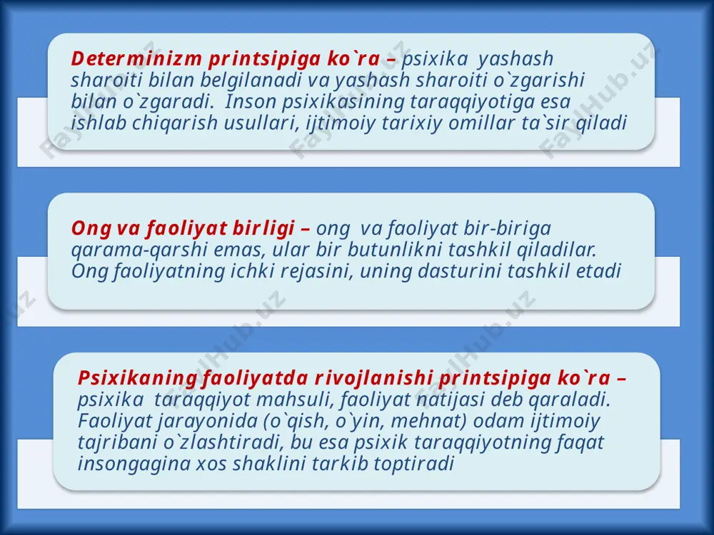 psixologiyasini tadqiq qiladi san’at asarlarining yaratilishida faoliyat-ning psixologik tomonlarini, inson tomonidan badiiy asarlarni idrok etilishi, turli hodisalarni paydo bo‘lishi va estetik tarbiya muammolari, musiqaviy, badiiy, adabiy qobiliyatlarni shakllantirish va tarbiyalash muammolarini o‘rganadi. 9 rivojlanishning yosh xususiyatlarini o‘rganuvchi sohalar. a) yosh psixologiyasi - inson shaxsining psixologik xususiyatlari va bilish jarayonlarining ontogenezda rivojlanishini o‘rganadi. yosh psixologiyasi bolalar psixologiyasi, o‘smirlar psixologiyasi, kattalar psixologiyasi, gerontopsixologiya kabi tarmoqlarga bo‘linadi. b) patopsixologiya- miya faoliyati buzilishlari natijasida kelib chiqadigan turli shakldagi ruhiy rivojlanishdan chetlanishni o‘rganadi. 10 11 oligofre-nopsixologiya miyaning tug‘ma kamchiliklari tufayli paydo bo‘ladigan bo‘limlarni o‘rganadi. surdopsi-xologiya eshitish faoliyatida jiddiy nuqsonlari bo‘lgan bolalarning rivojlanishini o‘rganadi tiflopsi-xologiya ko‘rish qobiliyati past yoki umuman ko‘rmaydigan kishi faoliyatini o‘rganadi inson va jamiyat o‘rtasidagi munosabatlarning psixologik tomonlarini o‘rganuvchi psixologiya sohalari ijtimoiy psixologiya differensial psixologiya shaxs shakllanishining individual psixologik yo‘naltirilganligi kabi xususiyatlarni o‘rganadi uyushgan va uyushmagan ijtimoiy guruhlardagi shaxslararo o‘zaro tasir jarayonida paydo bo‘ladigan psixologik hodisalarni o‘rganadi. 12 din psixologiyasi etnopsixologiya inson ongiga …