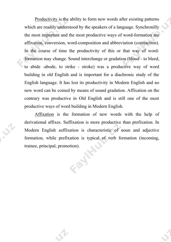of composition and derivation. derivational compound is formed by composing a new stem that does not exist outside this pattern and to which suffix is added. derivational compound is a word consisting of two immediate constituents, only one of which is a compound stem of notional words, the other being a derivational affix, e.g. blue - eyed - (a+n) + ed in coordinative compounds neither of the components dominates the other, both are structurally and semantically independent and constitute two structural and semantic centres, e.g. breath-taking, self-discipline, word-formation. recommended literature 1. каращук t.m. словообразование английского языка. - м., 1997. р. 15-45. 2. кубрякова л.c. типы языковых значений: семантика производного слова. - м., 1981. - р. 40-75. 3. мостовий m.i. лексикологія англійської мови. - харків. 1993. 4. харитончик з.а лексикология английского языка. - минск, 1992. 5. arnold i.v. the english word. - m., 1973. - p. 82-111. 6. ginsburg r.s. and …