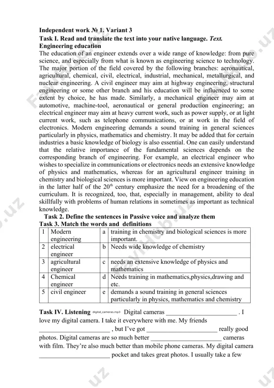 composition, foundation, refrigeration. task 3. translate the following words steam engines elevators turbines switches conveyors escalators fluid latter air-conditioning refrigeration devices physical composition mechanics machine-tools quantity production processes aeronautics branches mechanical engineering transformers moving bodies chemical engineering communications engineering power engineering electrical engineering. task 4. match professions and occupations 1 mechanical engineering a deals with the means for producing power. 2 communications engineering b deals with the design and construction of steam engines, turbines, air –conditioning and refrigeration devices 3 power engineering c designs radio, television and telephone equipment 4 chemical engineering d deals with the building of houses, bridges, roads, tunnels, dams, water systems, the construction of railroads, underground railways, industrial structures, land, water and air transport. 5 civil engineering e deals with changing of the state, energy content, chemical or physical composition of various materials. task 4. listening the united nations ______________ organization. it was started after world …