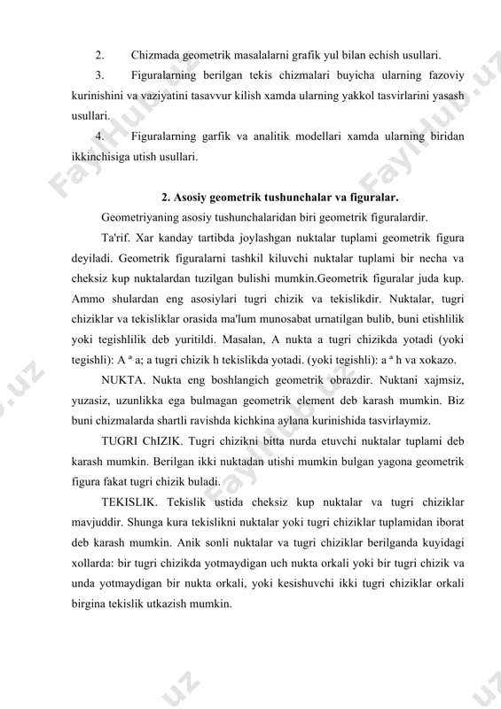 b yuritiladi. geometrik fazoni nuktalar, chiziklar yoki sirtlar tuplamlaridan tuzilgan deb karash mumkin. ma'lumki, chiziklar va sirtlar nuktalardan tashkil topadi. nukta esa birinchi geometrik tushunchadir. demak, geometrik fazoni figura deb karash mumkin. tasvirlash usullari. chizma geometriyada figuralar markaziy yoki parallel proektsiyalash usullari bilan biror tekislikda tasvirlanadi. bu tekislikni proektsiyalar tekisligi deb yuritiladi. 4. markaziy proektsiyalash usuli va uning xossalari. markaziy proektsiyalash geometrik obrazlarni tekislikda proektsiyalashning umumiy bir xolidir. markaziy proektsiyalashning geometrik apparati proektsiyalar markazi s va proektsiyalar tekisligi h dan iborat. chizma chizma sa, sb, … tugri chizik, proektsiyalovchi tugri chiziklar deyiladi. markaziy proektsiyalash konusli yoki perespetiva deb yuritiladi. as = a (bs) a = b markaziy proektsiyalashning xossalari markaziy proektsiyalashda geometrik figuralar kuyidagicha tasvirlanadi. 1-xossa. nuktaning markaziy proektsiyasi nukta buladi. 2-xossa. proektsiyalash markazidan utmaydigan barcha tugri chiziklarning proektsiyalari xam tugri chizik buladi. 3-xossa. s markazdan utmaydigan tekislikning markaziy proektsiyasi tekislik buladi. 4-xossa. markaziy proektsiyalashda parallel tekisliklardagi figuralarning proektsiyalari uxshash …