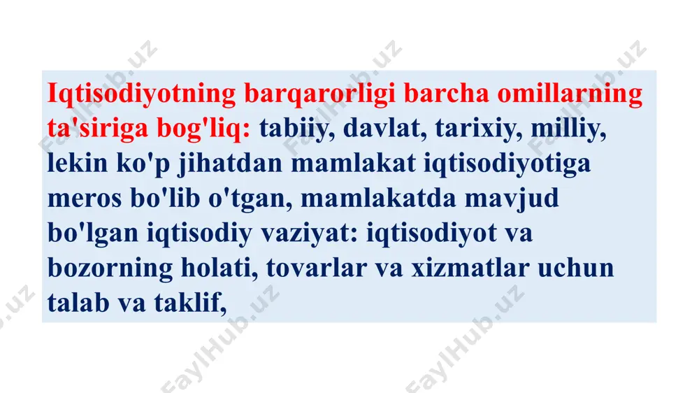 ni pulga (savdo) yoki tovarni tovarga ekvivalent ayirboshlash (barter) shaklida amalga oshiriladi. ishlab chiqaruvchilar ham, iste’molchilar ham bozorga erkin kirish imkoniyati bilan ayirboshlash raqobat muhitida amalga oshiriladi. bozor muvaffaqiyatsizliklari -bozor resurslardan samarali foydalanishni ta'minlay olmaydigan holatlardir. bularga quyidagilar kiradi: -monopoliya, -tashqi ta'sirlar, -jamoat manfaati, -nomukammal ma'lumotlar. monopoliya ( yunon. μόνος " bir "+ πωλέω" sotish") - bozor qiymati va taklif narxi ustidan nazoratni amalga oshiradi tashkilot va iloji bo'lsa, taklifning hajmi va narxini tebratib, foydani maksimallashtirish, yoki maxsus qonun, mualliflik huquqi, patent, savdo belgisi bilan bog'liq yoki davlat sun'iy monopoliyasini yaratish . davlat aralashuvi bozor muvaffaqiyatsizliklari (fiyaskosi) muammosini bartaraf etadi: vaziyatli monopoliya sharoitida (raqobatchilar ishlab chiqarish omillariga ega bo'la olmaydi), davlat monopoliyaga qarshi qonunchilikka asoslangan holda monopolistning kontsentratsiyalangan ishlab chiqarish quvvatlarini ajratishi, birlashuvning oldini olishi mumkin. tabiiy monopoliya bilan (raqobat bozoriga kirish masshtab bo'yicha iqtisodning yo'qolishiga va xarajatlarning oshishiga olib keladi, yoki monopoliyadan chiqarish texnik jihatdan qiyin), davlat bozorga kirishni …