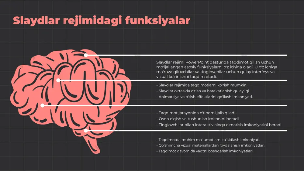 aydlar uchun muhimdir, lekin shriftsiz badiiy uslublar ham o'ziga xos dizayn yaratishi mumkin. badiiy uslublar, masalan, rasm yoki grafikalar orqali, tomoshabinlar uchun qiziqarli va esda qolarli taqdimot yaratadi. tasvirlar va grafikalar tasvirlar va grafikalar slaydlar uchun vizual ko'rinishni kuchaytiradi va ma'lumotni tezda anglashga yordam beradi. ular murakkab g'oyalarni soddalashtirish va slaydlar orqali berilayotgan ma'lumotlarni ko'proq jalb etishga xizmat qiladi. slaydlarni baholash kriteriylari baholash uchun asosiy mezonlar quyidagilar: 1) tushunarlilik - slaydlar ma'lumotlarni oddiy va ravshan ifoda etishi kerak. 2) vizual jozibadorlik - ranglar, shriftlar va tasvirlar muvofiqligi muhimdir. 3) mavzuga moslik - har bir slayd taqdimot mavzusiga to'g'ri kelishi zarur. 4) muloqot - slaydlar auditoriya bilan samarali aloqani o'rnatishi kerak. yaxshi slayd dizaynining ko'rsatkichlari: slaydlar ko'zni quvontiradigan ranglar va aniqlikdagi shriftlar bilan bezatilishi lozim. har bir slaydda muhim ma'lumotlar ajratib ko'rsatilishi kerak, bu esa auditoriyaning e'tiborini jalb qiladi. misollar orqali ko'rsatish: masalan, oddiy va rang-barang slaydlar taqdimotda auditoriyaning e'tiborini saqlab …
