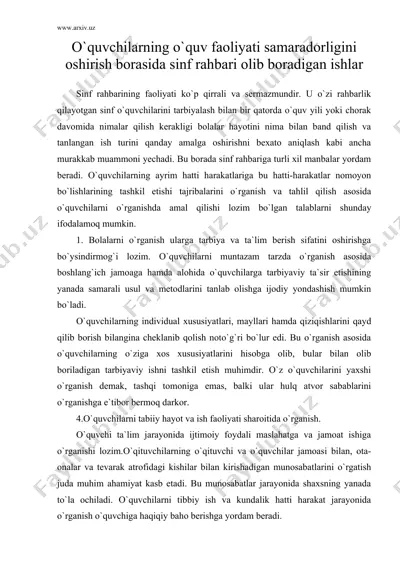 o`quvchilarning o`quv faoliyati samaradorligini oshirish borasida sinf rahbari olib boradigan ishlar — DOC