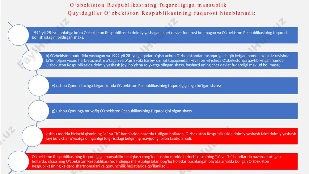 ublikasining fuqarosi bo‘lmagan va o‘zining chet davlat fuqaroligiga mansubligiga doir dalilga ega bo‘lmagan shaxs; fuqarolikning o‘zgarishi — o‘zbekiston respublikasining fuqaroligini olish yoki tugatish; chet davlat fuqarosi — o‘zbekiston respublikasining fuqaroligiga ega bo‘lmagan, boshqa davlat fuqaroligiga va o‘zining boshqa davlat fuqaroligiga mansubligiga doir dalilga ega bo‘lgan shaxs; o‘zbekiston respublikasining xorijda doimiy yashovchi fuqarosi — o‘zbekiston respublikasidagi doimiy yashash joyidan ro‘yxatdan chiqqan hamda xorijga doimiy yashashga chiqib ketish uchun ruxsatnoma rasmiylashtirgan o‘zbekiston respublikasi fuqarosi; yashash — shaxsning o‘zbekiston respublikasi hududida yoki uning tashqarisida qonuniy asosda turishi; yashash guvohnomasi — fuqaroligi bo‘lmagan shaxsning yoki chet davlat fuqarosining shaxsini tasdiqlaydigan, o‘zbekiston respublikasi hududida doimiy yashashga ruxsat etilganligining tasdig‘i sifatida berilgan hujjat asosiy tushunchalar ushbu qonunda quyidagi asosiy tushunchalar qo‘llaniladi: o‘zbekiston respublikasining fuqaroligiga mansublik quyidagilar o‘zbekiston respublikasining fuqarosi hisoblanadi: 3 1992-yil 28-iyul holatiga ko‘ra o‘zbekiston respublikasida doimiy yashagan, chet davlat fuqarosi bo‘lmagan va o‘zbekiston respublikasining fuqarosi bo‘lish istagini bildirgan shaxs; b) o‘zbekiston hududida yashagan va …