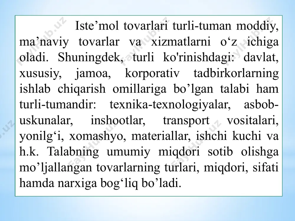 umiy darajasining o‘zgarishiga bog’liq bo’lmagan holda iste’molchi farovonligining pasayishiga olib keladi. iste’molchining kutishi, iste’mol sarflari hajmidagi o‘zgarish, iste’molchining narxlar va daromadlar darajasidagi kelajakdagi o‘zgarishlarni oldindan bilishiga bog’liq. masalan, agar iste’molchi kelajakda o‘zining real daromadi ko‘payadi, deb hisoblasa, u joriy daromadlarining ko‘proq qismini sarflashga tayyor bo’ladi. natijada bu davrda iste’mol sarflari ko‘payadi, jamg'arish esa kamayadi va yalpi talab ortadi. aksincha, agar iste’molchi kelajakda o‘zining real daromadlari kamayadi deb hisoblasa, ularning iste’mol sarflari va demak, yalpi talabi qisqaradi. xuddi shunday tarzda inflatsiyaning kutilishi bugungi yalpi talabni oshiradi. chunki iste’molchilar narxlar oshgunga qadar tovarlarni xarid qilib qolishga harakat qiladi. aksincha, yaqin kelajakda narxlar pasayishining kutilishi, bugungi iste’mol miqdorining kamayishiga olib keladi. iste’molchi qarzlari. iste’molchi qarzlari ko‘p bo’lganda, u joriy daromadini qarzlarga to‘lab, o‘zining bugungi sarflarini qisqartirishi mumkin. aksincha, iste’molchi qarzdor bo‘lmasa, u bugungi sarflarini ko‘paytirishga tayyor bo‘ladi. soliq. daromad solig'i stavkasining kamayishi, narxlarning mavjud darajasida iste’mol sarflarini ko‘paytiradi, soliqlarning oshishi iste’mol sarflarini kamaytiradi. …
