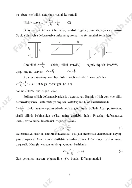 ir etish vaqtida deformatsiya to’liq amalga oshishga ulgurmaydi va oqibatda deformatsiya miqdori muvozanatli miqdordan kichik bo’ladi. shuningdek kuchlanish oshsa vaqt cheklanganligi tufayli deformatsiya qayta tiklanishga to’liq amalga oshishiga ulgurmaydi . bunda deformatsiya miqdori muvozanatli miqdordan katta bo’ladi. natijada nomuvozanatli deformatsiya o’zgarishlarida kuchlanish cho’zilish bog’lanish grafigi bir-biriga mos kelmaydi. rasm.4.2.6. bu bog’lanish halqasi-gisterezes halqasi deb yuritiladi. gistirezes halqasining yuzasi - ikkita kuchlanish ta’sir etganda va kuchlanishni olib tashlaganda bajarilgan ishlar orasidagi farq ekan. sarflangan energiya issiqlikka aylanadi, kuchlanish o’zgaruvchan bo’lsa, sinusoidal qonun bo’yicha o’zgaradi . sarflangan ish a=π𝜎0 ε0 sinφ ga teng bo’ladi . ish qancha katta bo’lsa, kuchlanish va deformatsiya orasidagi farq shunchalik katta bo’ladi. 2. polimerlarning strukturaviy tuzilishi polimerlarda makromolekulararo tuzilishiga qarab amorf va amorf-kristall tuzilishlarga ajraladi. ularning shakllari turlicha: monokristall, lamella , sferolet, fibrilla turlarga bo’linadi. kristall holatda polimerlar uzoq tartibli tuzulishga ega bo’ladi. bir necha o’nlab hatto yuzlab zanjirli bog’lanish bir xil geometrik holatga jipslashadi. o’zaro bir …