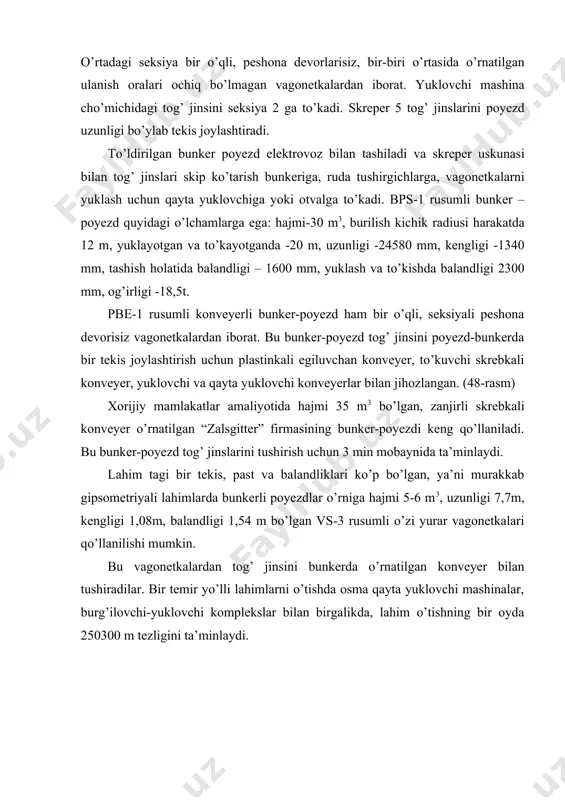 ndan keyin ularni siljitish uchun ishlatiladi. qayta- yuklovchining ish unumdorligi bir soatda 120 m3, nayza uzunligi 17m, yuritma quvvati 8 kvt, ma’lum masofadan turib boshqariladi. rasm. pp-1 rusumli temir yo’ldagi qayta yuklagich. lahim kavjoyini yoritish, suvni chetlatish va boshqa ishlar lahim kavjoyini bir tekis va jadal yoritish uchun quvvati 1000 vt bo’lgan lampa o’rnatilgan bir yoki ikki projektor qo’llaniladi. kavjoyga 50-60m masofa qolgungacha quvvati 100 vt lampochkalar o’rnatilgan, har 4÷6 metr masofada osilgan, doimiy yoritkichlar bilan lahim yoritiladi. lahim kavjoyidan suvlarni chetlatish uchun gorizontal lahimlarda suv chetlatish ariqchalari barpo etiladi. bu ariqchalar yordamida lahimdagi suvlar stvol atrofi inshoati hovlisida joylashgan suv yig’gichlarga yo’naltiriladi. ariqchalar mustahkam tog’ jinslarida o’tkazilganda mustahkamlagichlar o’rnatilmaydi. yumshoq tog’ jinslarida o’tkazilganda lahim mustahkamlagich turiga qarab, yog’och, temir beton va betonlar bilan mustahkamlanishi mumkin. lahim tagida barpo etiladigan ariqchalar stvolga qarab 0,008 gacha (<80) qiyalikda bo’lishi mumkin. ariqchada suvning oqish tezligi o’rtacha 0,4÷0,6 m/s bo’ladi. ariqchalarni barpo etish …