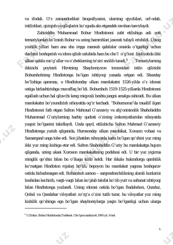 qiladi. zambaraklarni ishga soladi va otliqlardan mohirlik bilan foydalanib, panipatda ibrohim lo’diyni mag’lubiyatga uchratadi. 1526-yil 25-aprelda dehlida boburshoh nomiga hutba o’qiladi. shu bilan u yangi sulola boburiylar sulolasining ulkan mamlakatiga asos soladi va hindistonday ulkan mamlakatda turli din va millat vakillaridan tashkil topgan xalqlarning yagona markazlashgan davlat boshqaruvi ostida uzil-kesil birlashtiradi. boburshoh va uning avlodlari hindistonning xo’jalik hayoti, madaniyati va obodonchiligiga katta e’tibor bilan qarashdi. zahiriddin muhammad boburning “boburnoma” asarida keltirilgan tarixiy, geografik, etnografik, toponomik ma’lumotlar orqali xv-xvi asrlarda o`rta osiyo, afg’oniston, hindistondagi ijtimoiy-siyosiy holat haqida qimmatli ma’lumotlarni bugungi davr nuqtayi-nazaridan yondashib tahlil qilish va tariximizni xolisona o’rgnishda alohida ahamiyatga ega. tadqiqotning maqsad va vazifalari. bitiriruv malakaviy ishining maqsadi zahiriddin muhammad bobur tomonidan 1494-yildan 1530-yilgacha yozib tugallangan “boburnoma” asarining muhim tarixiy ahamiyatga ega bo`lsada, mustaqillik davrigacha tadqiqotchilar tomonidan maxsus tahliliy tarzda o`rganilmaganligini e'tiborga olib, bu sohadagi kеmtiklikka biroz bo`lsada barham bеrib, asardagi tarixiy voqеalarni o`sha davrga oid bo`lgan muhim tarixiy …