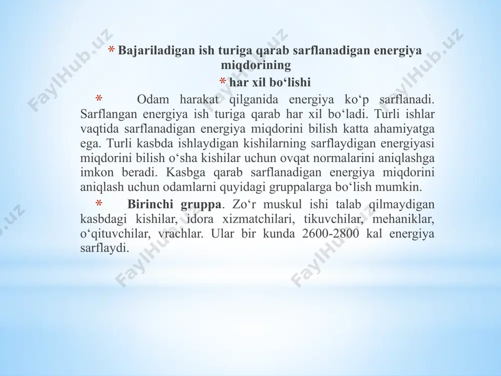 iya sarfi № kasbi bir sutkada energiya sarfi kkal (kdj) 1 aqliy mehnat (о‘qituvchi, talaba, vrach) 2 о‘rtacha mehnat (laborant, xat tashuvchi) 3 og‘ir mehnat (sportchi, quruvchi) 4 juda og‘ir mehnat (shtangist, metallurg) /docprops/thumbnail.jpeg