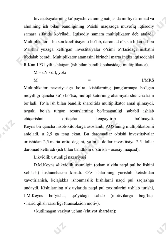 (yalpi talab, yalpi taklif, jamg‘arma) o‘zaro ta’siri hisoblanadi. ular iqtisodiy o‘sish nazariyasini ishlab chiqdilar. iqtisodiy o‘sishning asosiy omillari investitsiya hisoblanadi. yangi keynschilar multiplikator tamoyilini akseleratsiya tamoyili bilan to‘ldirdilar. akselerator prinsipiga ko‘ra daromadlarning o‘sishi konkret sharoitda investitsiyaning ko‘payishiga olib kelishi ham mumkin. buning ma’nosi shundan iboratki, daromadlarning ko‘payishi yalpi talabning oshishiga olib keladi, yalpi talabning oshishi esa, ishlab chiqarishning kengaytirilishini taqozo etadi va yangi investitsiyalarga bo‘lgan talab kelib chiqadi (yangi investitsiyalarni ko‘payishi – asosiy maqsad). yangi keynschilar iqtisodiyotni bilvosita va bevosita tartiblash chora-tadbirlarini ishlab chiqdilar. bilvosita ta’sir o‘tqazish usuliga soliq siyosati, byudjet orqali moliyalashtirish, kredit siyosati va b. kiritdilar. ularning naza-riyasi (modeli) iqtisodiyotning doim (mo‘’tadil) sur’atlarda o‘sishi dinamik barqarorlik (ilgarilab borish)ning asosiy sharti sifatida maqsadga muvofiq ekanligining umumiy xu-losalarini birlashtiradi. ularning fikricha, shundagina ishlab chiqarish quvvatlari va mehnat resurslaridan to‘la foydalanishga erishish mumkin. harrod- domar modelining boshqa bir qoidasi bo‘yicha ayrim parametrlar, chunonchi daromadlar-dagi jamg‘arma hissasi va kapital quyilmalarning o‘rtacha sa-maradorligi …