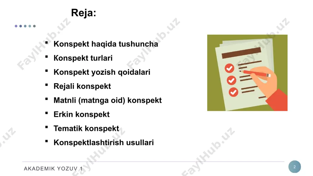 biri. konspektlashtirish maqsadlarini e’tiborga olib o‘qiganlarini qayta bayon qiladigan, reja shaklida qisqa bo‘lgan konspekt o‘rganish jarayonida materialni yaxshiroq o‘zlashtirishga yordam beradi. kitobning mazmuni konspekt yozishda esda qoladi. u o‘z fikrini ketma-ket va aniq ifodalay olish, reja tuzishda uning mazmunini umumlashtirib kitob ustida ishlashga o‘rgatadi. akademik yozuv 1 8 rejali konspekt ko‘nikma bo‘lganda konspekt o‘z shaklida tez, qisqa, oddiy va tushunarli tuziladi. bunday afzalliklari doklad yoki chiqishlar tez tayyorlashda eng yaxshi yordamchi bo‘ladi. agar kitob orasiga belgilar qo‘yilgan varoqlar qo‘yilsa, ular asosida konspekt tuzish osonroq bo‘ladi. biroq vaqt o‘tishi bilan u bilan ishlash qiyinchilik tug‘dirishi mumkin, chunki har doim ham manbaning mazmuni xotirada saqlanib qolmaydi. bu holda kitobni o‘qish davomida belgilar qo‘yilgan varoqlar yordamga keladi. shu sababli belgilar qo‘yilgan varoqlar saqlab qo‘yiladi. savol-javobli konspekt eng sodda rejali konspekt sanaladi. bunda savollar shaklida tuzilgan rejaga konspekt ko‘rinishida aniq javoblar beriladi. ishlab chiqish, o‘zgarish kiritish jarayonlarida rejali konspekt sxema rejali konspekt bo‘lishi mumkin, …