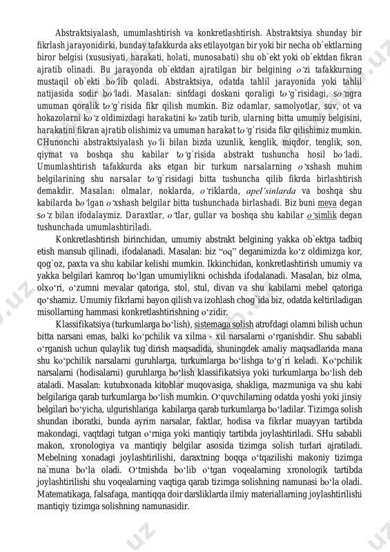 afakkur faoliyati uchun avvalo analizatorning miyadagi uchlari o‘rtasida vujudga keladigan murakkab bog`lanishlar muhim ahamiyatga egadir. analizatorning bosh miya po‘stidagi uchastkalari bir - biridan keskin ajralgan holda emas, balki bir - biriga tutashib, bir - biri bilan chambarchas bog`lanib ketganligi sababli mazkur bog`lanishlarning vujudga kelishi osonlashadi. ikkinchi signal tizimida muvaqqat bog`lanishlar vujudga kelishi, yuqorida aytib o‘tilganidek, tafakkurning maxsus nerv -fiziologik mexanizmlaridir. bunda ikkinchi signal tizimining bog`lanishlari birinchi signal tizimidagi bog`lanishlarga tayanadi. i.p.pavlov ikkinchi signal tizimining ishi hamisha birinchi signal tizimi bilan o‘zaro o‘tkazish jarayonida hozir bo‘ladi, deb ta`kidlagan. ikkinchi signal tizimi asosida, birinchi signal bilan o‘zaro ta`sir qilish jarayonida “dastlab umuminsoniy empirizm”ni va nihoyat odamning o‘z tevaragida olamni va uning o‘zini bilish uchun oliy qurol bo‘lgan fanni yaratuvchi maxsus insoniy, oliy tafakkur voqe bo‘ladi. tafakkurning muayyan bir narsaga qaratilishi uchun nerv - fiziologik asos bo‘lgan orientirovka refleksi tafakkur jarayonlarida katta rol’ o‘ynaydi. tafakkur jarayoni insonning bilishga bo‘lgan ehtiyojlari, tevarak -atrofdagi olam …