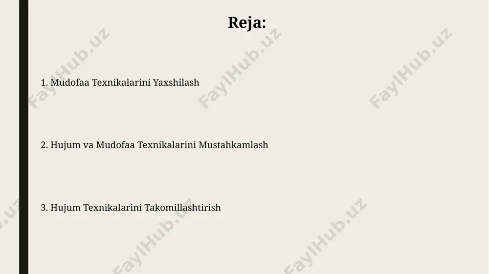 larini oldindan taxmin qilish bo'yicha 3 ta strategiyani o'rganish, to'pni nazorat qilish va mudofaa qilish samaradorligini 10% ga oshiradi. jamoaviy mashg'ulotlarda 5-7 kishidan iborat kichik guruhlarda o'yinlarni qo'llash, har bir o'yinchining rolini aniqlash va ularning o'zaro muvofiqlashuvini 20% ga oshiradi. asosiy hujum usullarini takomillashtirish raqibning himoya taktikasini sinchkovlik bilan o'rganib, 10 ta zaif nuqtasini aniqlash va ularga qaratilgan aniq hujum kombinatsiyalarini ishlab chiqish hujumning samaradorligini sezilarli darajada oshirishi mumkin. hujumning muvaffaqiyat darajasini 30% ga ko'tarish uchun individual o'yinchi qobiliyatlarini tahlil qilish va ularning kuchli va kuchsiz tomonlarini aniqlashga asoslangan individual strategiyalarni ishlab chiqish muhim. psixologik tayyorgarlik va stressga chidamlilik musobaqalar oldidan 3-5 kun davomida o'tkaziladigan psixologik mashg'ulotlar, sportchilarning o'ziga ishonchini 15-20% ga oshirib, ishlash samaradorligini yaxshilaydi. stressga chidamlilikni rivojlantirish uchun vizualizatsiya, avtosugestiya kabi 5-7 ta psixologik texnikalarni qo'llash tavsiya etiladi. e'tiboringiz uchun rahmat @taqdimot_robot image1.jpg image2.jpg image3.jpg image4.jpg image5.jpg image6.jpg image7.jpg