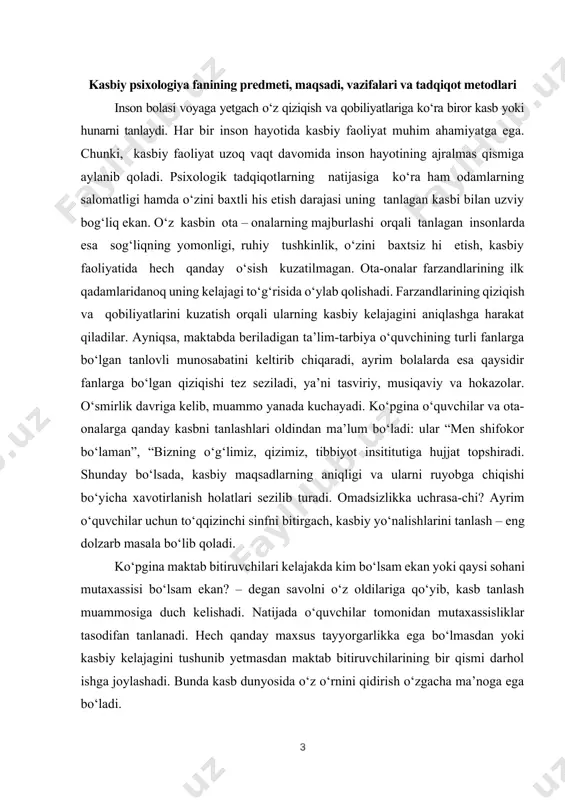 ekan? – degan savolni o‘z oldilariga qo‘yib, kasb tanlash muammosiga duch kelishadi. natijada o‘quvchilar tomonidan mutaxassisliklar tasodifan tanlanadi. hech qanday maxsus tayyorgarlikka ega bo‘lmasdan yoki kasbiy kelajagini tushunib yetmasdan maktab bitiruvchilarining bir qismi darhol ishga joylashadi. bunda kasb dunyosida o‘z o‘rnini qidirish o‘zgacha ma’noga ega bo‘ladi. kasb - hunar kollejiga kirgan yoshlar uchun kasb tanlash muammosi to‘liq yechilmagan bo‘ladi. ularning bir qismi tanlovning to‘g‘riligiga o‘qishning birinchi yilidayoq ikkilanib qolishadi, boshqalari – mustaqil kasbiy faoliyatning boshida, ayrimlari kasb bo‘yicha 3-4 yil ishlagandan keyin, yoshlarning ayrimlari kasb maktabini bitirib, egallagan kasbi bo‘yicha ish topa olmaydilar va ishsizlar qatoriga qo‘shilib qoladi. demak, ular uchun kasb tanlash muammosi yana dolzarb bo‘lib qolaveradi. psixologik toliqish, xavotirlanish, kelajakka nisbatan ishonchsizlik bilan qarash mehnat olamida o‘zini topishida ma’lum qiyinchiliklarni yuzaga keltiradi. kasbiy tayyorgarlikka ega bo‘lgan o‘quvchilar oldida ishga joylashish muammosi paydo bo‘ladi. kishilarning individual-psixologik xususiyat-larini kasb talablari bo‘yicha kasbiy tayyorgarligiga mosligini aniqlash uchun qator mutaxassisliklar bo‘yicha kasbiy …