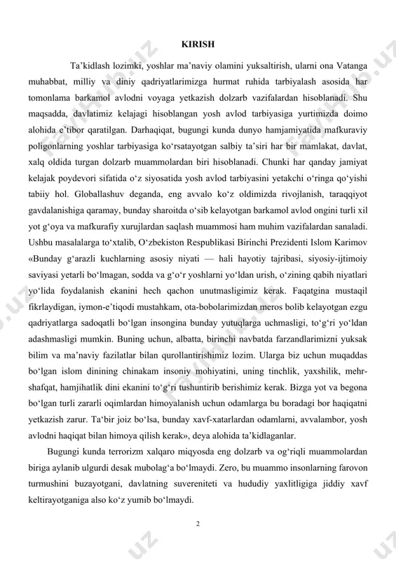 berishimiz kerak. bizga yot va begona bo‘lgan turli zararli oqimlardan himoyalanish uchun odamlarga bu boradagi bor haqiqatni yetkazish zarur. ta‘bir joiz bo‘lsa, bunday xavf-xatarlardan odamlarni, avvalambor, yosh avlodni haqiqat bilan himoya qilish kerak», deya alohida ta’kidlaganlar. bugungi kunda terrorizm xalqaro miqyosda eng dolzarb va og‘riqli muammolardan biriga aylanib ulgurdi desak mubolag‘a bo‘lmaydi. zero, bu muammo insonlarning farovon turmushini buzayotgani, davlatning suvereniteti va hududiy yaxlitligiga jiddiy xavf keltirayotganiga also ko‘z yumib bo‘lmaydi. asosiy qism: 1.terrorizm va xalqaro terrorizm tushunchasi, uning moliyaviy manbalari terrorizm tushunchasi. terrorizm — jamiyatda beqarorlik keltirib chiqarish, aholining keng qatlamlarida vahima va qo‘rquv uyg‘otishga qaratilgan siyosiy kurashning o‘ziga xos usulidir. u yashirin (konspirativ) ruhdagi tashkilotlar tomonidan beqarorlik keltirib chiqarish orqali davlat hokimiyatini egallash maqsadida qo‘llaniladi. сссссссshuningdek o‘zbekiston respublikasining “terrorizmga qarshi kurash to‘g‘risidagi qonuni”da ham unga shunday ta’rif berilgan. terrorizm — siyosiy, diniy, mafkuraviy va boshqa maqsadlarga erishish uchun shaxsning hayoti, sog‘lig‘iga xavf tug‘diruvchi, mol-mulk va boshqa moddiy obyektlarning …