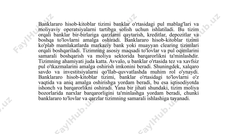 redit clearing tizimlari banklar o'rtasidagi qarzlarni hisoblash va qoplash jarayonini optimallashtiradi. bu tizimlar kreditlar va qarzlarni o'zgartirishni osonlashtiradi, shu bilan birga moliyaviy operatsiyalarni tez va aniq bajarishga imkon beradi. 3. banklararo hisob-kitoblarning huquqiy va moliyaviy asoslari. banklararo hisob-kitoblarning huquqiy asoslari, avvalo, mamlakatning moliyaviy qonunchiligi, markaziy bankning siyosati va xalqaro shartnomalarga asoslanadi. har bir mamlakatda banklar o'rtasidagi to'lovlar va hisob-kitoblarni amalga oshirishni tartibga soluvchi qonunlar mavjud. bu qonunlar banklarning faoliyatini muvofiqlashtiradi va moliyaviy bozorlarning xavfsizligini ta'minlashga yordam beradi. banklararo hisob-kitoblar bo'yicha amaldagi huquqiy normalar banklar o'rtasidagi shartnomalarni, to'lov tizimlarining ishlashini va iqtisodiy jarayonlarni aniqlaydi. moliyaviy asoslar, o'z navbatida, banklararo to'lovlar va hisob-kitoblarni amalga oshirishda moliya institutlarining moliyaviy barqarorligi va o'zaro ishonchni ta'minlashga yordam beradi. banklar, o'zaro to'lovlarni amalga oshirish uchun, likvidlik, kapital va risklarni boshqarish bo'yicha belgilangan talablarni bajarishlari kerak. banklararo hisob-kitoblar jarayonidagi risklar ham muhim ahamiyatga ega. bu risklar, ayniqsa, valyuta kurslaridagi o'zgarishlar, likvidlik muammolari yoki mamlakat ichidagi iqtisodiy inqirozlar …