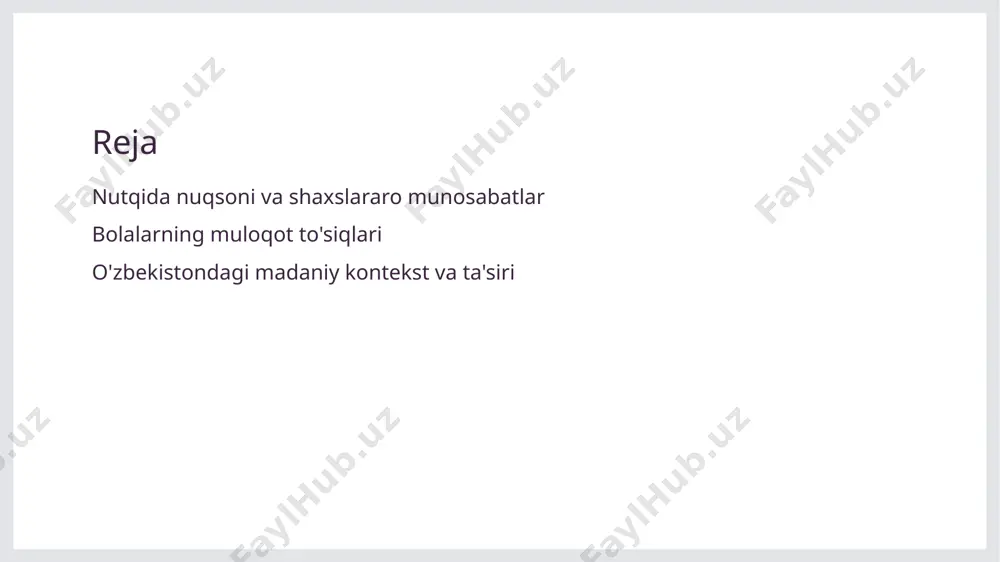 loqotida yuzaga keladigan to'siqlar. 1 muloqot qiyinchiliklari nutqida nuqsoni bor bolalar ko'pincha o'z fikrlarini ifodalashda qiyinchiliklarga duch kelishadi, bu esa o'zaro aloqalarni murakkablashtiradi. 2 o'zaro tushunmovchilik nutq nuqsonlari bolalarning boshqa bolalar bilan o'zaro tushunmovchiligini pasaytiradi, bu esa do'stlik va guruhda ishlash imkoniyatlarini cheklaydi. 3 ijtimoiy izolyatsiya muloqotdagi to'siqlar, nutqida nuqsoni bor bolalarni ijtimoiy izolyatsiya holatiga olib kelishi mumkin, bu esa ularning emotsional rivojlanishiga salbiy ta'sir ko'rsatadi. shaxslararo munosabatlarda nutq to'siqlarining ta'siri. 1 nutq to'siqlari nutq to'siqlari bolalarning o'zaro aloqalarini qiyinlashtiradi, ularni ijtimoiy doiralarda ishtirok etishga to'sqinlik qiladi va o'z fikrlarini ifodalashda muammolar yuzaga keltiradi. 2 muloqotdagi qiyinchiliklar nutqida nuqsoni bor bolalar, o'z fikrlarini aniq ifodalashda qiyinchiliklarga duch kelishadi, bu esa do'stlik va guruh faoliyatida ishtirok etishga to'sqinlik qiladi. 3 madaniy ta'sirlar o'zbekistonda, madaniyat nutq to'siqlariga munosabatni belgilaydi, ba'zi an'anaviy qarashlar bolalarni izolyatsiya qilishi mumkin, bu esa ularning ijtimoiy aloqalarini yanada qiyinlashtiradi. 4 ijtimoiy munosabatlar nutq to'siqlari bolalararo ijtimoiy munosabatlarni zaiflashtiradi, …