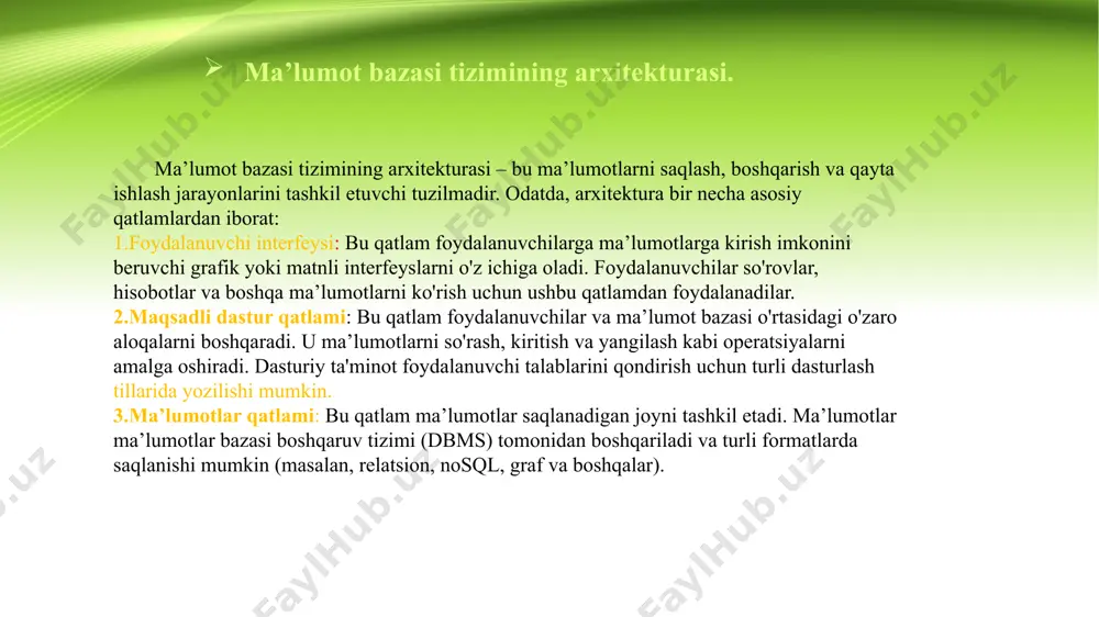 t va ma’lumotlar bazasi alohida joylashadi. bu model yirik va murakkab tizimlar uchun mos keladi va ko'proq masofaviy ishlash imkoniyatlarini taqdim etadi. mikroxizmatlar arxitekturasi: zamonaviy dasturlar uchun qo'llaniladigan yondashuv bo'lib, har bir xizmat mustaqil ishlaydi va o'z ma’lumotlariga ega bo'ladi. bu arxitektura kengaytirilishi va yangilanishi oson. ma’lumot bazasi tizimining arxitekturasi uning samaradorligini, ishonchliligini va foydalanuvchilarga qulayligini ta'minlashda muhim rol o'ynaydi relyatsion ma’lumot modeli. relyatsion ma’lumot modeli – bu ma’lumotlarni saqlash va tashkil etish uchun ishlatiladigan model bo'lib, u ma’lumotlarni jadvallar (yoki relatsiyalar) ko'rinishida ifodalaydi. relyatsion ma’lumot modelining asosiy xususiyatlari quyidagilardan iborat: asosiy tushunchalar jadval (relatsiya): ma’lumotlar jadval ko'rinishida tuziladi, har bir jadval bir yoki bir nechta ustunlardan (atributlardan) iborat bo'ladi. jadvalning har bir qatori bir ma’lumot to'plamini ifodalaydi. ustunlar (atributlar): jadvaldagi ustunlar ma’lumotlar turini belgilaydi. har bir ustun ma’lum bir turdagi ma’lumotlarni saqlaydi (masalan, raqamlar, matnlar, sanalar). qatorlar (tufayli): har bir jadvaldagi qatorlar bir ma’lumot to'plamini (yoki yozuvni) ifodalaydi. har …