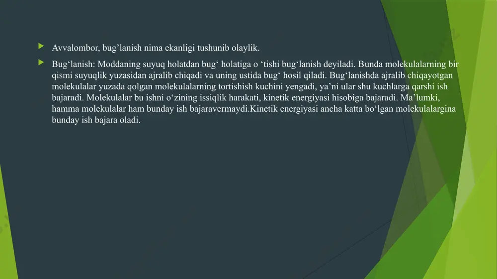 . davriy ishlaydigan kameralar odatda stend va agegat potok texnologiyalarida, uzluksiz ishlaydigan kameralar esa konveyer texnologiyalaridan foydalanadi. temir-beton buyumlariga issiqlik ishlov berish uchun birinchi navbatda chuqurda joylashgan bug’lash kameralaridan foydalaniladi. davriy ishlaydigan bu qurilmalar hozir ham keng qo’lanilmoqda. hozirgi vaqtda bug’lash kameralari uchun m200 markali yuqori darajadagi mustahkam keramzit beton ishlatish tavsiya etiladi. xulosa betonga bugʻ bilan ishlov berish – bu betonning mustahkamligini oshirish va qotish jarayonini tezlashtirish uchun qoʻllaniladigan samarali usullardan biridir. bu jarayon, asosan, issiqlik va namlik ta’sirida gidratatsiya reaksiyasini tezlashtirishga asoslangan. bugʻ bilan ishlov berish zavod sharoitida prefabrik beton mahsulotlarini tayyorlashda keng qoʻllaniladi, chunki u betonning dastlabki mustahkamlikka tezroq erishishiga yordam beradi. shu bilan birga, jarayonni noto‘g‘ri boshqarish betonda ichki zo‘riqishlar, yoriqlar va deformatsiyalarga sabab bo‘lishi mumkin. shuning uchun bugʻ bilan ishlov berish rejimi aniq belgilangan standartlarga muvofiq amalga oshirilishi kerak. foydalanilgan adabiyotlar mahmudova n.a raximov d.sh. toshkent 2013. 30-45 betlar. 1. “issiqlik texnikasi va issiqlik texnikasi …