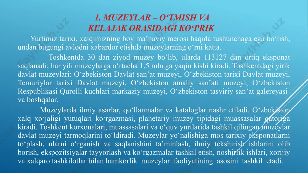 bundan tashqari, muzey turli chet el tashkilotlaridan, kompaniyalardan kelgan chet ellik olimlarga muzeyni tanishtirish ekskursiyalarini tashkillashtiradi. muzey zallaridan eksponatlar va boshqa ko‘rgazma jihozlari to‘g‘risidagi ma’lumotlar o‘rin olgan. ko‘rgazma materiallarining namoyish etilishi 3 tilda, ya’ni davlat tili, rus va ingliz tillarida olib boriladi. dunyoning mashhur muzeylari luvr muzeyi ermitaj muzeyi metropoliten san’at muzeyi vatikan muzeyi misr muzeyi london muzeyi dunyoning mashhur muzeylari parijdagi luvr muzeyi dunyoning eng katta va ko‘p tashrif buyuriladigan san’at muzeylaridan biridir. muzey 1793-yilda ochilgan bo‘lib, luvr qasri qirol saroyida joylashgan. luvr qasrining asosiy qismida 1989-yilda mashhur shisha piramida qurilgan va hozirda muzeyga asosiy kirish zali hisoblanadi. undagi eksponatlar turli xil davlatlar — qadimiy misr, yunoniston va rim, o‘rta asr yevropasi, napoleon fransiyasidan keltirilgan. eng mashhur eksponatlardan biri, ko‘pchilikning e’tiborini tortgan leonardo da vinchining mona lisa asaridir. vatikan muzeyi vi asrda rim papasi yuliy ii tomonidan tashkil qilingan, rimdagi vatikan shahri ichida joylashgan vatikan muzeylarini dunyoning eng noyob …