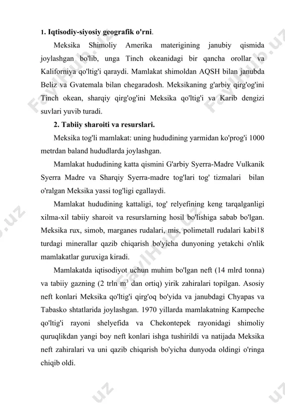 gan.temir rudasi esa durango shtatining serro-de-merkado konlaridan va chiuaua shtatining laperla konlaridan qazib olinmoqda. meksika marganes rudalarining zahiralari bo'yicha lotin amerikasida braziliyadan keyin ikkinchi o'rinni egallaydi. marganes asosan idalgo shtatining molango konidan qazib olinmoqda. bundan tashqari meksikada kobalt, titan, nikel va simob kabi nodir va rangli metallarning yirik konlari aniqlangan. 3. aholisi. hozirgi mamlakat aholisining katta qismini ispan va xindu millatlarining aralashuvidan kelib chiqqan meksikaliklar tashkil etadi. bundan tashqari meksikada 40 dan ortiq xindu qabilalari va xalqlari (aholining 29 foizi) yashaydi. ulardan eng yiriklari asteklar, mayyalar, otamilar, sapoteklar hisoblanadi. ilgari mamlakat aholining o'sish sur'ati bo'yicha (3,5 foizi) dunyoda oldingi o'rinlardan birini egallar edi, so'nggi yillarda mamlakatda amalga oshirilgan demografik siyosat natijasida aholining o'sish sur'ati sezilarli kamaydi. aholining tug'ilish koeffisenti har 1000 kishiga 28 kishi, o'lim koeffisenti 5,5 kishiga to'g'ri keladi. mamlakatda har bir aholining umri 70 yoshgacha uzaydi, biroq meksika dunyodagi eng «yosh» mamlakatlardan biri bo'lib qolmoqda (jami aholi tarkibida …
