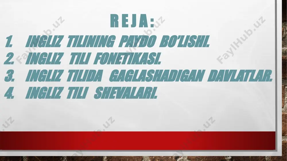 koʻplab shevalar turkumini oʻz ichiga oladi. qadimiy ingliz tili (7— 11-asrlar) anglosaks tili deb atalgan va 4 shevaga ega boʻlgan: nortumbriy, mersiy, uessek va kent. 9—11-asrlarda uessek shevasi asosida adabiy ingliz tili shakllangan. bu shevalar turkumi buyuk britaniyaning sharqiy qirgʻogʻiga nemis qabilalari boʻlmish anglo-saksonlar tomonidan keltirilgan. khank you mbx-au-23 guruxi talabasi sarimsaqova shoxistaning ingliz tilshunosligi fanidan mustaqil ishi image3.jpg image4.png
