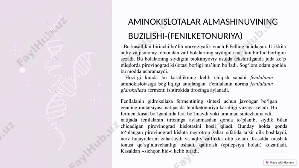 alligi bilan og‘rigan ota o‘zining gemofiliyani yuzaga chiqaruvchi mutant geni bo‘lgan x- xromosomasini qiziga beradi. ammo bu x-xromosomani olgan qiz gemofiliya bilan og‘rimaydi, chunki unda shu genning dominant alleli bo‘lib (xh), geterozigotali organizmda (xhxh) dominant gen belgisi yuzaga chiqadi. ammo bu qiz kasal bo‘lmasa-da, shu kasallikni tashuvchisi hisoblanadi. tashuvchi ona endi o‘zidagi gemofiliya kasalligi genini o‘z o‘g‘illariga o‘tkazadi. gemofiliya kasalligi aholi orasida 1 : 5000 nisbatda uchraydi 14 xulosa va mulohazalar irsiy kasalliklarning o'rganilishi genetika fanining jadal rivojlanishi, odam genomini tarjima qilish kabi yutuqlarga asoslangan. monogen va poligen kasalliklarning farqli xususiyatlari, diagnostika usullari va oldini olish-davolash yo'llarini bilish - bu insonlarning sog'ligi uchun juda muhim. 16 image1.png image2.png image3.png image4.png image5.png image6.jpeg image7.png image8.jpeg image9.jpeg image10.png image11.jpeg image12.png image13.jpeg image14.jpeg image15.png image16.jpeg image17.png image18.png