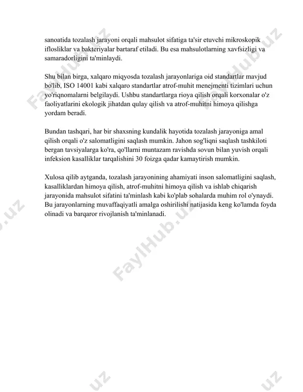 yoki ammonyakli birikmalar bo'lishi mumkin. 2. shisha tozalash vositalari: shisha va oynalarni tozalash uchun maxsus vositalar ishlatiladi. ularda odatda tarkibiy qismlar sifatida spirt va suvsizlantiruvchi moddalar bo'lib, ular shishalarda dog' va qoplamalarni qoldirmasdan tozalaydi. 3. vanna va dush tozalagichlari: bular hammomdagi toshmalardan, suv dog'laridan va kirlarni tozalash uchun maxsus tayyorlangan vositalardir. asosan xlorli yoki suvni yumshatadigan moddalardan tashkil topgan bo'lib, bakteriya va zamburug'larni yo'q qilishda samarali hisoblanadi. 4. kir yuvish vositalari: bu turdagi mahsulotlar kiyimlarni yuvish va dog'larni olib tashlash uchun ishlatiladi. suvda yaxshi eriydigan kukunlar va suyuqliklar sifatida mavjud. kir yuvish vositalari tarkibida ko'pincha fermentlar va yuzani tozalash uchun sirt faol modda (sam) mavjud. 5. idish yuvish vositalari: idishlarni tozalash uchun maxsus yaratilgan suyuqliklar va kukunlar hisoblanadi. ular yog'lar, oziq-ovqat qoldiqlari va kirlardan samarali tozalaydi. idish yuvish vositalari tarkibida ko'pincha yuvuvchi modda va dog'larni yengillashtiruvchi kimyoviy birikmalar mavjud. 6. kir yuvish va ifloslantiruvchi moddalarni tozalaydigan va ekologik vositalar: ushbu …