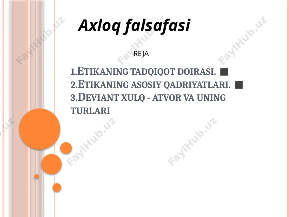 obro‘sini tushirmaslikdir axloq kishilarning yaxshilik va yomonlikka nisbatan munosabatini namoyon etadigan va tarixan tarkib topgan xulq-atvor, yurishturish va xatti-xarakatini ifodalaydigan, ularning bir-biriga va jamiyatga bo‘lgan munosabatlarini aks ettiradigan hamda o‘zaro ixtiyoriy tarzda amalga oshadigan norma va qoidalar yig‘indisidir. arastu fanlarni tasnif qilarkan, ularni uch guruhga bo‘ladi: nazariy, amaliy va ijodiy bilimlar. ◼ birinchi guruhga u falsafa, matematika va fizikani; ◼ ikkinchi guruhga- etika va siyosatni; ◼ uchinchi guruhga esa- sanat, xunarmandchilik va amaliy fanlarni kiritadi. demak, arastuning fikricha axloqshunoslik amaliy fandir, chunki ahloqiy qoidalar ko‘rgazmali emas, balki amalda ijtimoiy xayotning xamma qatlamlarda xizmat qilishi kerak. axloqiy qarashlar tarixi p.a.golbax - «axloq odamlararo mavjud bo‘lgan munosabatlar va shu munosabatlardan kelib chiqadigan masʼuliyatlar haqidagi fan abu ali ibn sino- axloq har bir kishi uchun o‘z-o‘zini idora qilish ilmidir а.навоий - “vafosizda hayo yo‘q, hayosizda vafo yo‘q, agar kimda bu ikki sifat bo‘lmasa, unda iymon ham yo‘q” а.авлоний - insonlarni yaxshilikka chaqiruvchi, yomonlikdan …