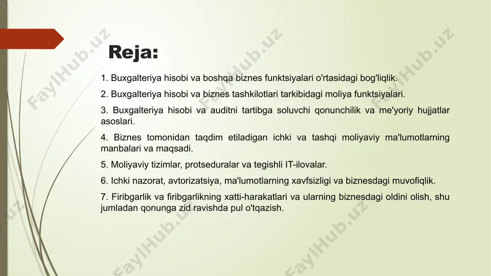 a moliya direktori hisoblanadi. moliya direktori direktorlar kengashida o'rin egallaydi va buxgalteriya hisobi masalalari hamda keng moliyaviy siyosat uchun javobgardir. ko'pgina yirik kompaniyalarda moliya direktori o'z ostida bir yoki bir nechta o'rinbosarlarga ega. moliyaviy nazorat boshqaruv buxgalteri xazinachi moliya direktori xazinachi moliya nazorati boshqarma kassir moliyaviy buxgalter narxlovchi buxgalter uzoq muddatli aktivlar registri qarzdorlik daftarchasi qarzlarni undirish kredit nazorati kreditorlik qarzlarini hisobga olish daftari ish haqi va ish haqi (ish haqi) moliyaviy hisobvaraqlar (bosh daftar, choraklik schyotlar va boshqalar) qonuniy hisobvaraqlar sotishdan olinadigan soliq (qqs) deklaratsiyalari soliq xarajatlarni hisobga olish - inventarizatsiya bo'yicha hisobot va baholash - materiallarning tannarxi - ish haqi / ish haqi - xarajatlar va qo'shimcha xarajatlarni hisoblash - ish xarajatlarini hisoblash (kontrakt xarajatlari) - jarayonning tannarxi - byudjet nazorati bo'yicha hisobotlar (masalan, dispersiyalar tahlili) boshqaruv hisobi - byudjetni muvofiqlashtirish - tahlil va tekshirishlar - loyihani baholash 2. buxgalteriya hisobi va biznes tashkilotlari tarkibidagi moliya funktsiyalari. moliyaviy …