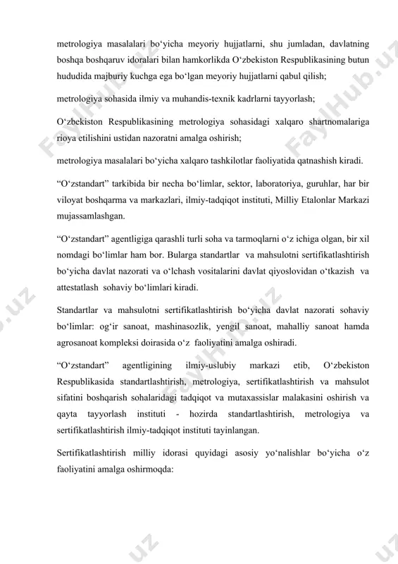 alari (smb) apparatining namunaviy tuzilmasi respublika hududiga keltiriladigan yoki undan chetga chiqariladigan mollar (mahsulotlar) ning havfsizligini tasdiqlash bilan bog‘liq bo‘lgan amallar tegishli davlat idoralari bilan kelishilgan holda o‘zstandart tomonidan tayyorlangan alohida hujjat bo‘yicha bajariladi. xalqaro hamkorlikni rivojlantirish maqsadida turkiya va xitoy davlatlari bilan standartlashtirish, sertifikatlashtirish va metrologiya sohalarida hamkorlik qilish niyatida bitim tuzildi. bu yo‘ldagi ishlar o‘z mevasini bermoqda. turkiya mutaxassislari toshkentda bo‘lib, “o‘zstandart” tomonidan uyushtirilgan respublika seminarlarida sertifikatlashtirish sohasida ma’ruzalar bilan qatnashmoqdalar. o‘zbekiston respublikasi mustaqil davlatlar hamdo‘stligi qatoriga kiruvchi mamlakatlar bilan standartlashtirish, sertifikatlashtirish va metrologiya sohalarida yaqin hamkorlik qilmoqda. standartlashtirish, metrologiya va sertifikatlashtirish sohalarida ilmiy tadqiqot ishlari ham o‘z yo‘nalishiga egadir. o‘z smsiti standartlashtirish, metrologiya va sertifikatlashtirish sohalarida asosiy ilmiy-uslubiy baza hisoblanadi. ushbu institut yuqorida qayd etilgan sohalar bo‘yicha fundamental tadqiqotlar olib borishi bilan bir qatorda respublikaning ushbu sohalar buyicha malaka oshirish va qayta tayyorlash instituti hamdir. shu sohalardagi belgilangan maqsadlarni amalga oshirish uchun u: standartlashtirish, metrologiya, sertifikatlashtirish va …