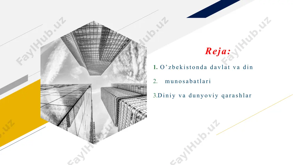 da etadigan maslak, qarash hamda ta’limotdir.odamlarda ilk diniy tasavvurlarning paydo bo’lib, shakllanib, rivojlanib, takomillashib borishi jarayoni insonda ong, tafakkurning shakllanishi bilan bevosita bog’liq bo’lib, insonning paydo bo’lib shakllanib borishi jarayoni fanda antroposotsiogenez deyiladi. fr 5 6 zamonlar osha diniy qarashlar o’rta osiyoda yanada mukamallashdi,ya’ni ix asrda turli din ilm sohiblari yetishib chiqqan.bulardan buyuk faylasuf abu nasr al-farobiy, ibn nasir farg’oniy, ibn ismoil al-buxoriy kabi buyuk olimlar yetishim chiqqan. bu mutaffakirlar orasida al-buxoriyning qilgan ishlariga to’xtalish joiz ,uning “sahih ul-buxoriy “ asari naqadar go’zal durdonalardan hisoblanadi uning yozilganiga 1200 yildan oshgan bo’lsada musulmon oilalarda muqaddas quroni karimdan so’ng sevib o’qiladi , unda jami takrorlanadigan hadislar 7275 tani takrorlanmaydigan holda esa 4000 tani tashkil etadi.al- buxoriy dunyoda diniy bilimlarning tutgan o’ rni ularning naqadar go’zalligini isbotlab berganlar imom al-buxoriy “ilimni hech qachon xor qilmanglar” deb takidlaydilar.” al-jome’ as-sahih” asarida ilm fazilatlarning to’g’risiuda shunday deyilgan “alloh taolo oyati karimasida : “ alloh taolo …
