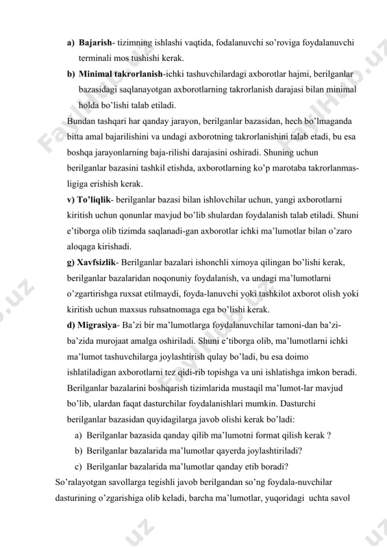 tegishli javob berilgandan so’ng foydala-nuvchilar dasturining o’zgarishiga olib keladi, barcha ma’lumotlar, yuqoridagi uchta savol korinishida yozilib foydalanuvchining dasturida kod ko’rinishida ishtirok etadi. bundan tashqari komp-yuterlarning ishlash darajasining o’sishi sababli undagi axborotga kirish usullari va bazida saqlab qo’yilgan axborotlarning o’zgari-shiga olib keladi. berilganlar bazasidagi dasturiy ta’minot qo’yidagicha chizma asosida ish olib boradi: 1-foydalanuvchi 1-rasm . berilganlar bazalarida mustaqil ma’lumotlarning joylashuvi berilganlar bazalarini ishlatish imkoniyatiga ega foydalanuvchilar uchun barcha imkoniyatlar namoyon etilishi bilan bir vaqtda , mustaqil ma’lumotlardan ham foydalanish imkoniyatlari yaratiladi. boshqacha qilib aytganda (bbbt) berilganlar bazalarini boshqa-rish tizimlari ham shu tarzda quriladi. mustaqil ma’lumotlarga erishishning qulay usuli, yuqoridagi rasm-da keltirib o’tilgan. foydalanuvchilarning har qanday talabi, bitta konseptual modelda jamlangan bo’ladi, shu konseptal model, so’ngra ma’lumotlarning namoyishini amalga oshiradi, qachonki berilganlar bazasini boshqarish tizimlari birgalikda o’rnatilgan bo’lsa. bunday bazalarning joylashuvi “logik” model usuli deb nomlanadi, saqlanayotgan axborotga kirish usulini o’zgartirish ichki model tizimiga bog’liq bo’lmaydi, shu tarzda mustaqil berilganlar bazasi tashkil …