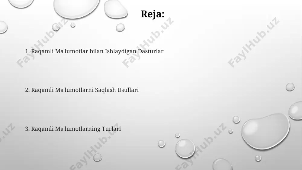 vektor grafikalar, masalan, svg yoki eps, o'zgartirilganda sifatini yo'qotmaydi, aksincha raster grafikalar, masalan, jpeg yoki png, kattalashtirilganda pikselatsiyalanadi va sifatini pasaytiradi. rasmli ma'lumotlarni siqish texnologiyalari, masalan, jpeg yoki webp, fayl hajmini 2-10 barobarga kamaytirishi mumkin, bu esa saqlash va uzatish tezligini oshiradi. grafik va rasmli ma'lumotlar turli fayl formatlarida, masalan, jpeg, png, gif, svg kabi 10 dan ortiq formatlarda saqlanishi mumkin, bu esa ularning sifatini va hajmini belgilaydi. boshqa raqamli ma'lumotlar turlari raqamli tasvirlar (jpeg, png, gif kabi) turli xil siqish algoritmlaridan foydalanib, 24 bit rang chuqurligiga ega bo'lishi mumkin va fayl hajmini kamaytirishga imkon beradi. ovozli ma'lumotlar, masalan, mp3 yoki wav fayllari, o'rtacha 44.1 khz chastota bilan namunalar olinadi va 16 bitli aniqlikda kodlanadi. matnli ma'lumotlar, html, xml kabi, strukturaviy ma'lumotlarni ifodalash uchun teglar va atributlardan foydalanadi, 1000 dan ortiq belgilarni o'z ichiga olishi mumkin. e'tiboringiz uchun rahmat @taqdimot_robot image1.png image2.png image3.png