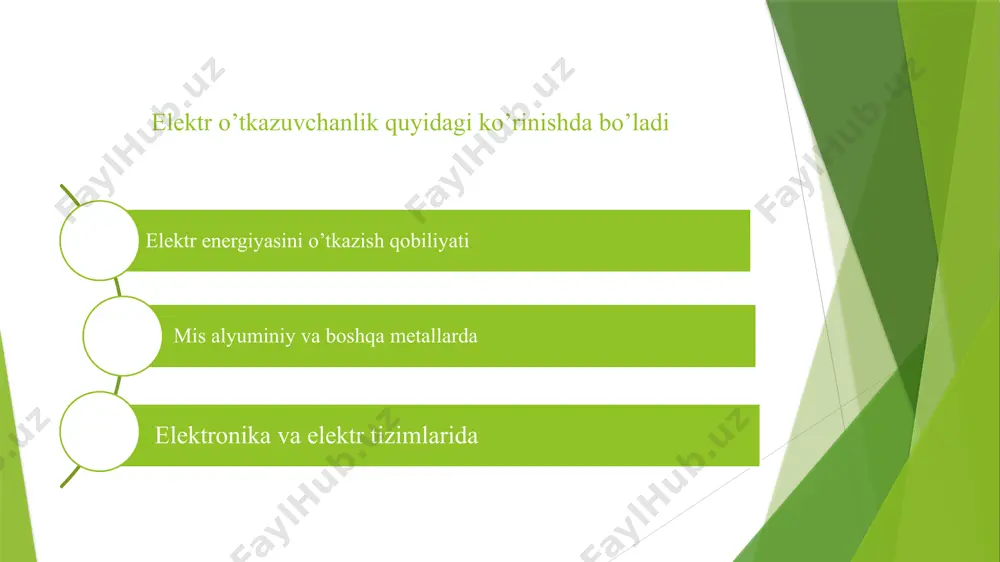 elektr, issiqlik va mexanik energiyani oʼtkazish qobiliyatidir. ularning fan va texnologiyadagi ahamiyati katta, chunki energiya samaradorligi bilan bevosita bogʼliq. real hayotda oʼtkazuvchanlik misollari, masalan, elektr simlar va izolyatsiya materiallari koʼrsatadi. kelajakda energiya oʻtqazish usullarining rivojlanishi yangi imkoniyatlar yaratadi. image1.png /docprops/thumbnail.jpeg