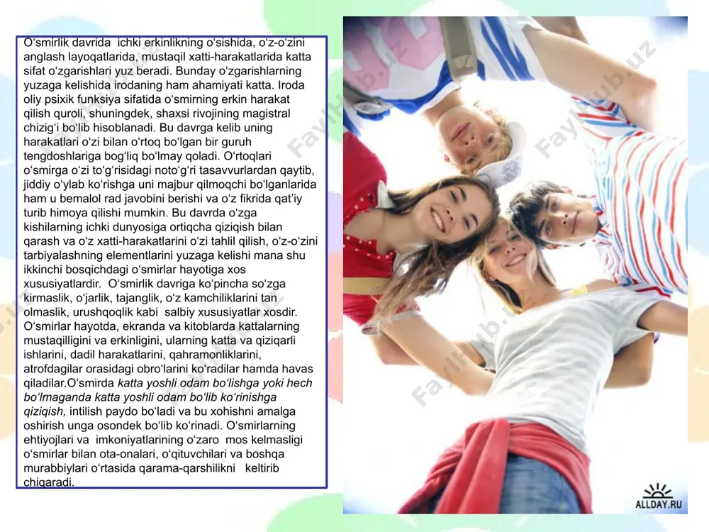 kin. ana shunday yo‘l bilan o‘quvchilarda, masalan, matematikaga, fizika yoki ximiyaga, duradgorlik, slesarlik yoki qandaydir boshqa bir ishlarga nisbatan ishtiyoq yuzaga keladi, ammo o‘quvchilar xuddi shunday yo‘l bilan yolg‘onchilikka, bezorilikka va boshqa axloqsiz hatti-harakatlarga xam o‘rganib kolishlari mumkin. katta o‘smirlar asta sekinlik bilan bevosita ishlari va xatti- harakatlarining natijalarini hamda oqibatlarini oldindan ko‘ra boshlaydilar. ularda o‘z-o‘zini tuta bilish, matonat paydo bo‘ladi, qarorlari birmuncha qat’iy bo‘la boshlaydi, iroda tarkib topadi. ular o‘zlarining faoliyatlarida ishtiyoq va istaklardan ko‘ra ko‘prok sog‘lom fikrga asoslanadigan bo‘ladilar. ularning ichki kechinmalari va xayajonlari endi irodaviy nazoratga bo‘ysundirilgan bo‘ladi. lekin axloqiy va estetik hislarning taraqqiyoti tufayli ichki kechinmalari va hayajonlari yanada kuchliroq bo‘ladi. kattalarga nisbatan qo‘pol munosabatning paydo bo‘lishi, noxush xulq-atvor alomatlari, o‘smir yashaydigan ijtimoiy shart-sharoitlar, uning tengdoshlari va turli jamoalardagi mavqei, kattalar bilan munosabati, maktab va oilasidagi munosabatlari sababli yuzaga keladigan xarakter belgilaridir. mana shu ijtimoiy sharoitlarni o‘zgartirish yo‘li bilan o‘smirlarning xulq-atvoriga to‘g‘ridan-to‘g‘ri ta’sir ko‘rsatish mumkin o’smirlarning …