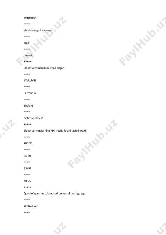 otorli asinxron dvigatel ==== qisqa tutashuvli asinxron dvigatel ==== uch cho‘lg‘amli dvigatel ==== sinxron dvigatel +++++ eskalator vazifasi qaysi variantda to‘g‘ri keltirilgan ==== #ko‘p sonli yo‘lovchilarni bir joydan ikkinchi joyga tashish ==== suyuqliklarni bir joydan ikkinchi joyga ko‘chirish ==== har xil turdagi tuproqli ishlarni amalga oshirish ==== har xil turdagi yuklarni bir joydan ikkinchi joyga ko‘chirish +++++ ekskavatorli tavsifining to‘ldirish koeffitsienti ta’rifi qaysi variantda to‘g‘ri keltirilgan ==== #ekskavatorli tavsifining sifatini ko‘rsatish ==== ekskavator kovshining to‘ldirilish darajasi ko‘rsatish ==== ekskavator dvigatel tezligi kuchaytirilish darajasi ko‘rsatish ==== ekskavator dvigatel tezligi to‘xtalish darajasi ko‘rsatish +++++ ekskavatorli tavsifining ta’rifi qaysi variantda to‘g‘ri keltirilgan ==== #ekskavator kovshining yuklanmasi ozgina kamayganida avtomatik ravishda dvigatel tezligi kuchaytirilishi ==== ekskavator kovshining yuklanmasi ozgina kamayganida avtomatik ravishda dvigatel tezligi kamaytirilishi ==== ekskavator kovshining yuklanmasi ozgina kamayganida avtomatik ravishda dvigatel to‘xtalishi ==== ekskavator kovshining yuklanmasi ozgina kamayganida dvigatel tezligi kuchaytirilishi +++++ ekskavator vazifasi qaysi variantda to‘g‘ri keltirilgan ==== #har xil …